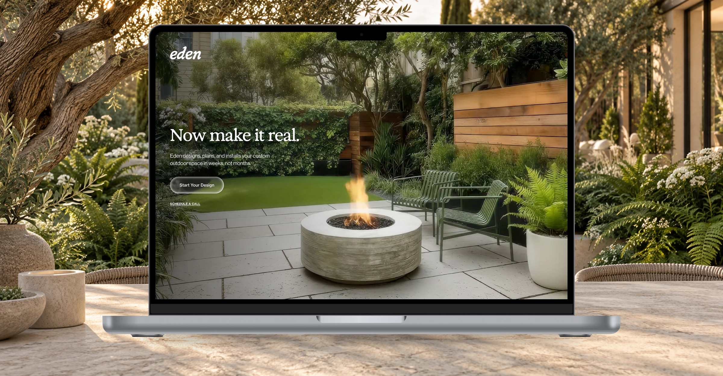 Eden’s Now make it real screen on a MacBook in a lush sunlit backyard