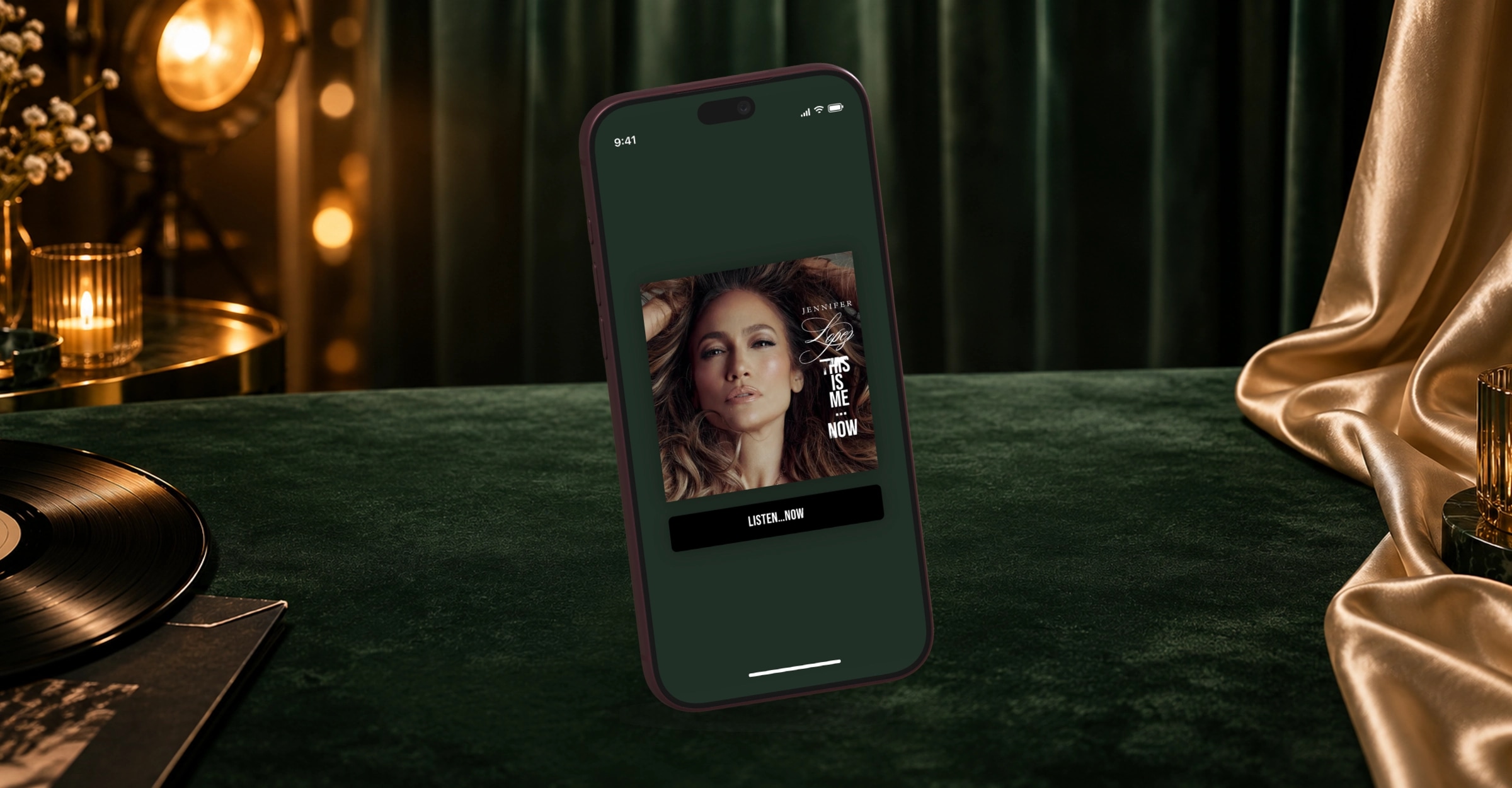 On The JLo’s album feature on an iPhone in a green velvet backstage lounge