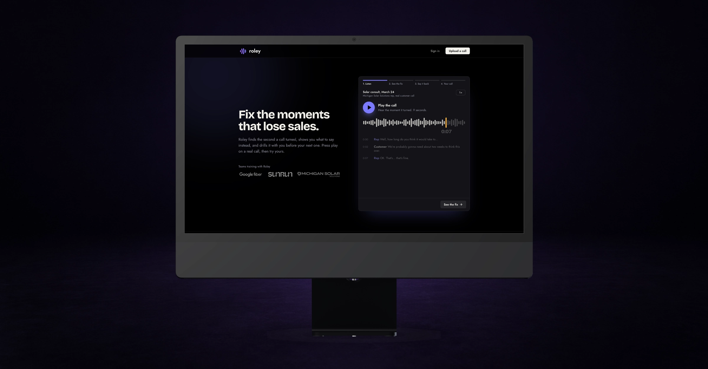 Roley’s voice coaching hero on a dark graphite iMac against a near-black purple background