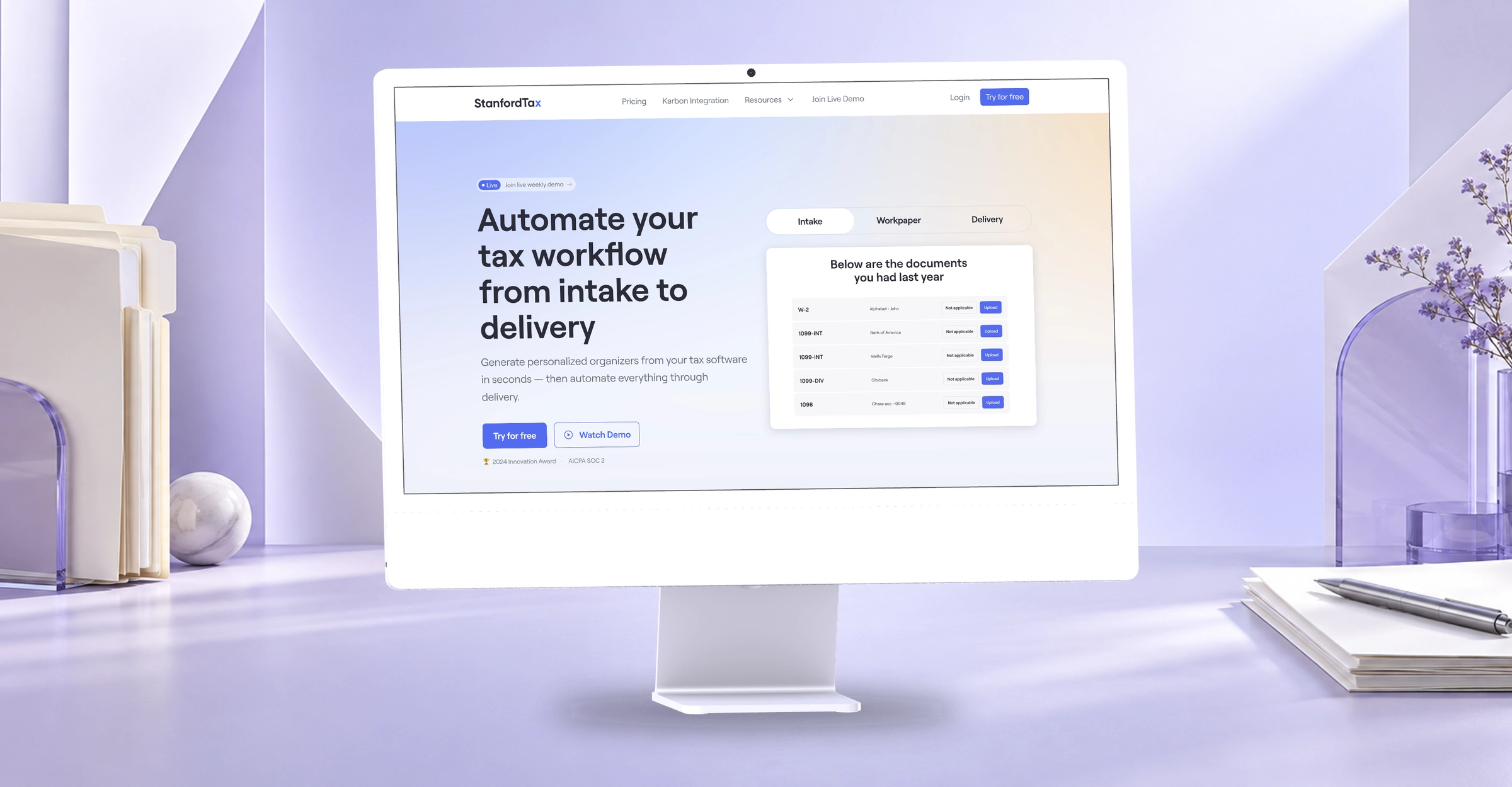 StanfordTax’s tax workflow hero on a silver iMac in a lavender paper studio