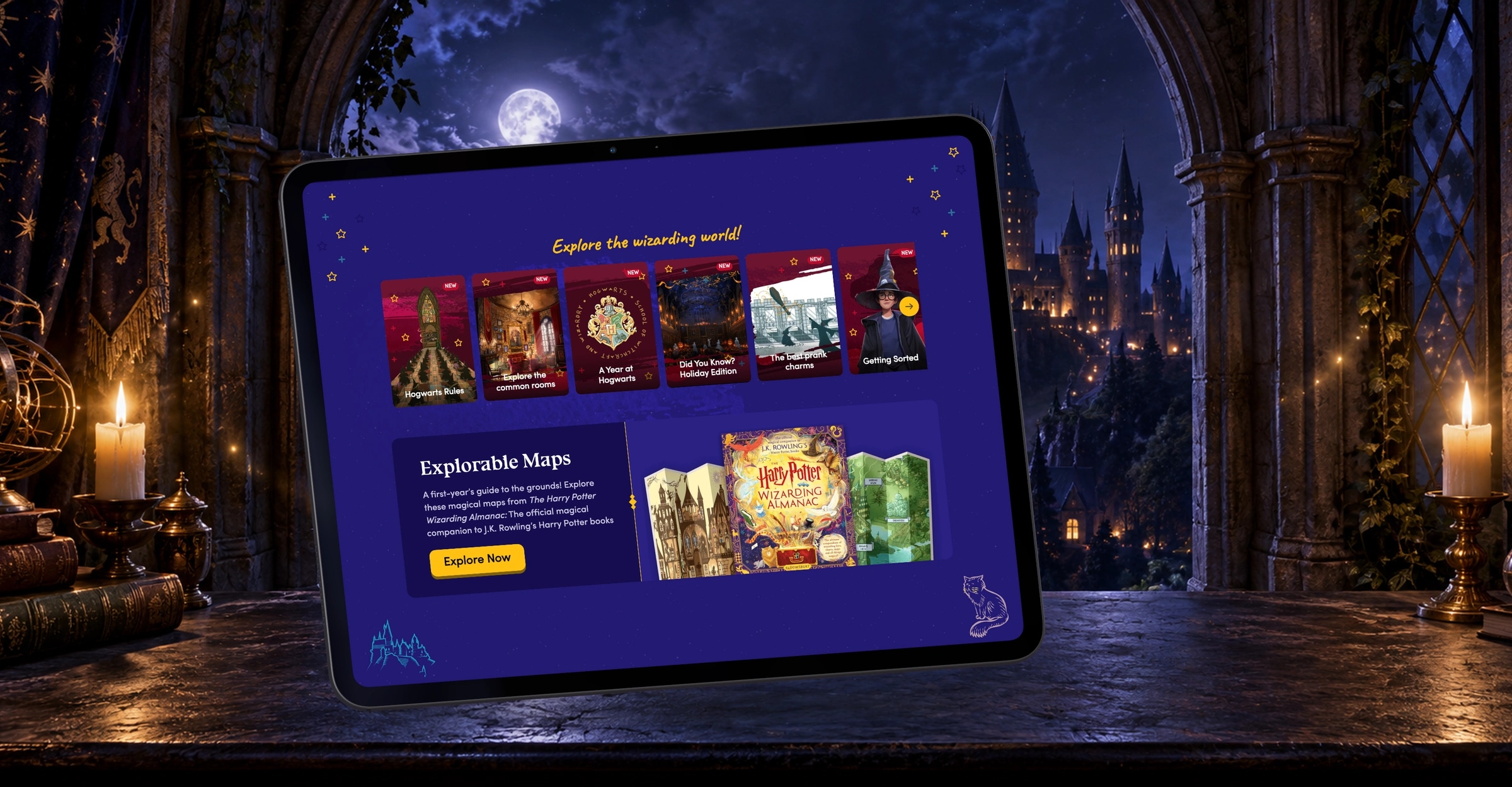 Starting Harry Potter’s Explore stories and Explorable Maps on an iPad beside a moonlit Hogwarts castle