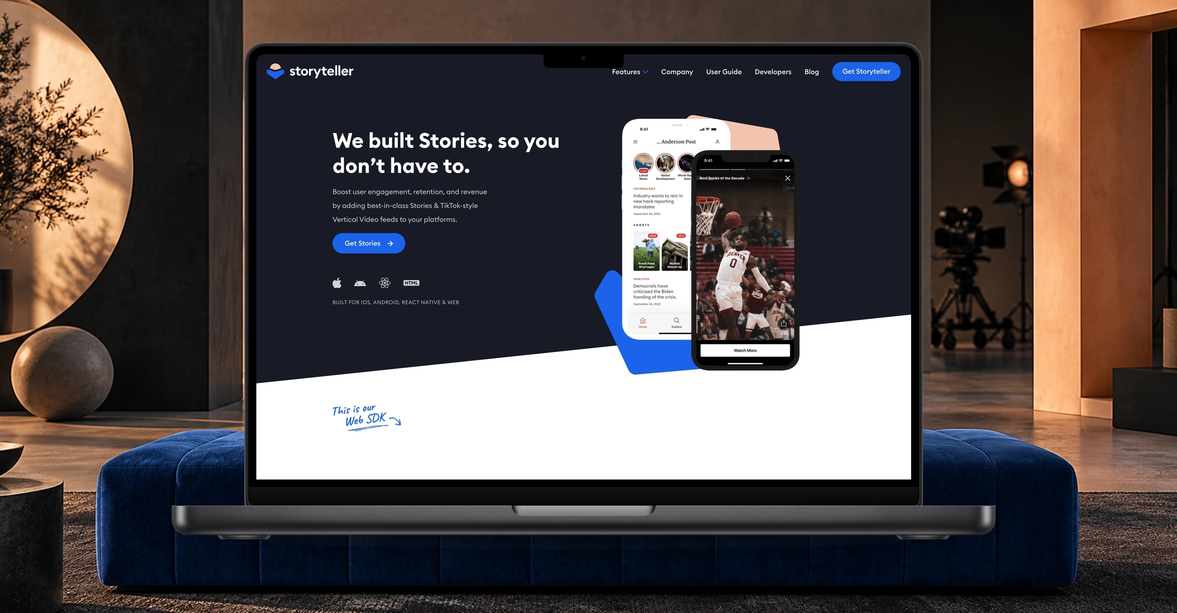 Storyteller’s homepage on a MacBook in a charcoal, cobalt and peach film studio