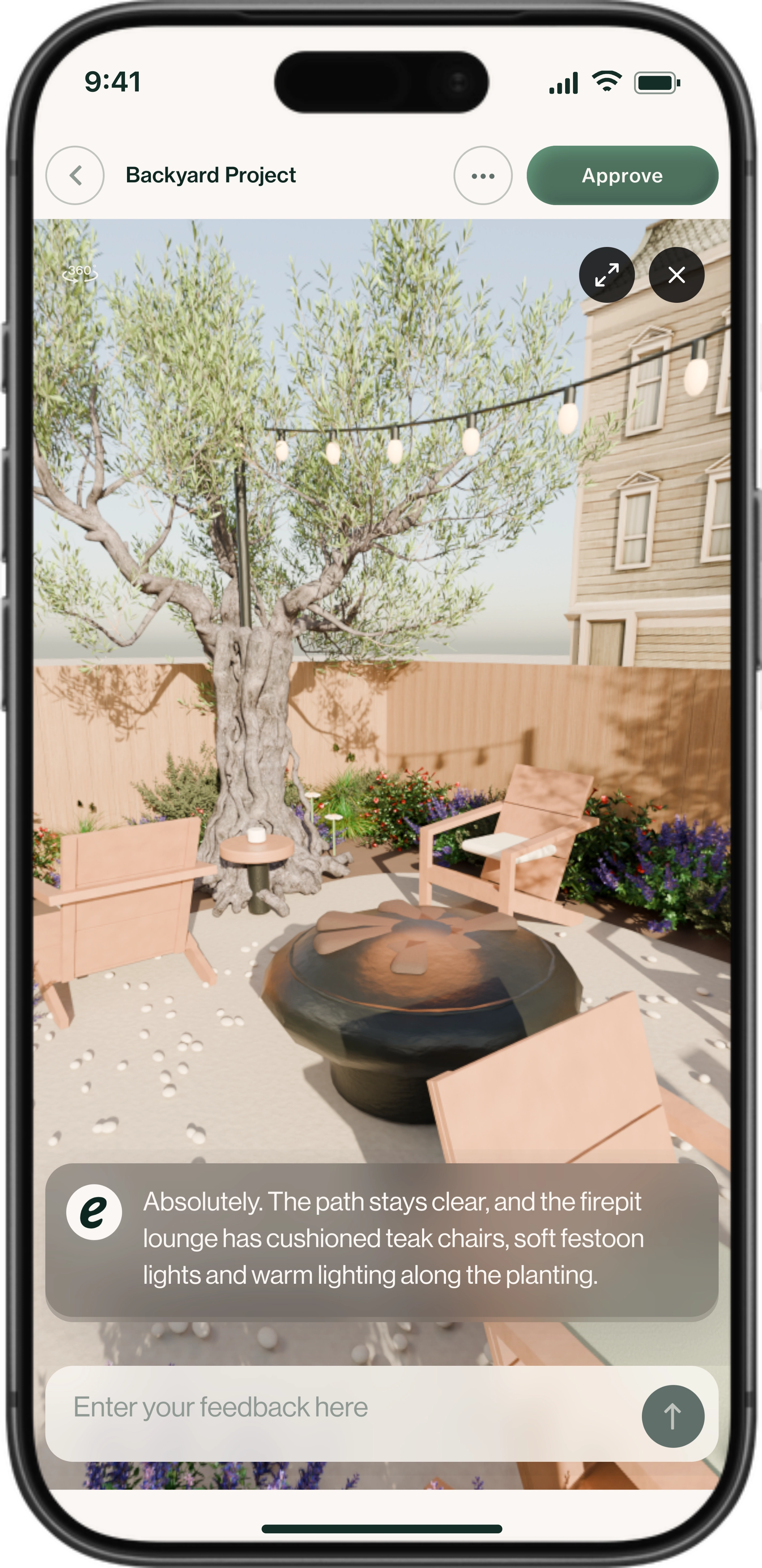 Firepit lounge in Eden Studio on an iPhone.