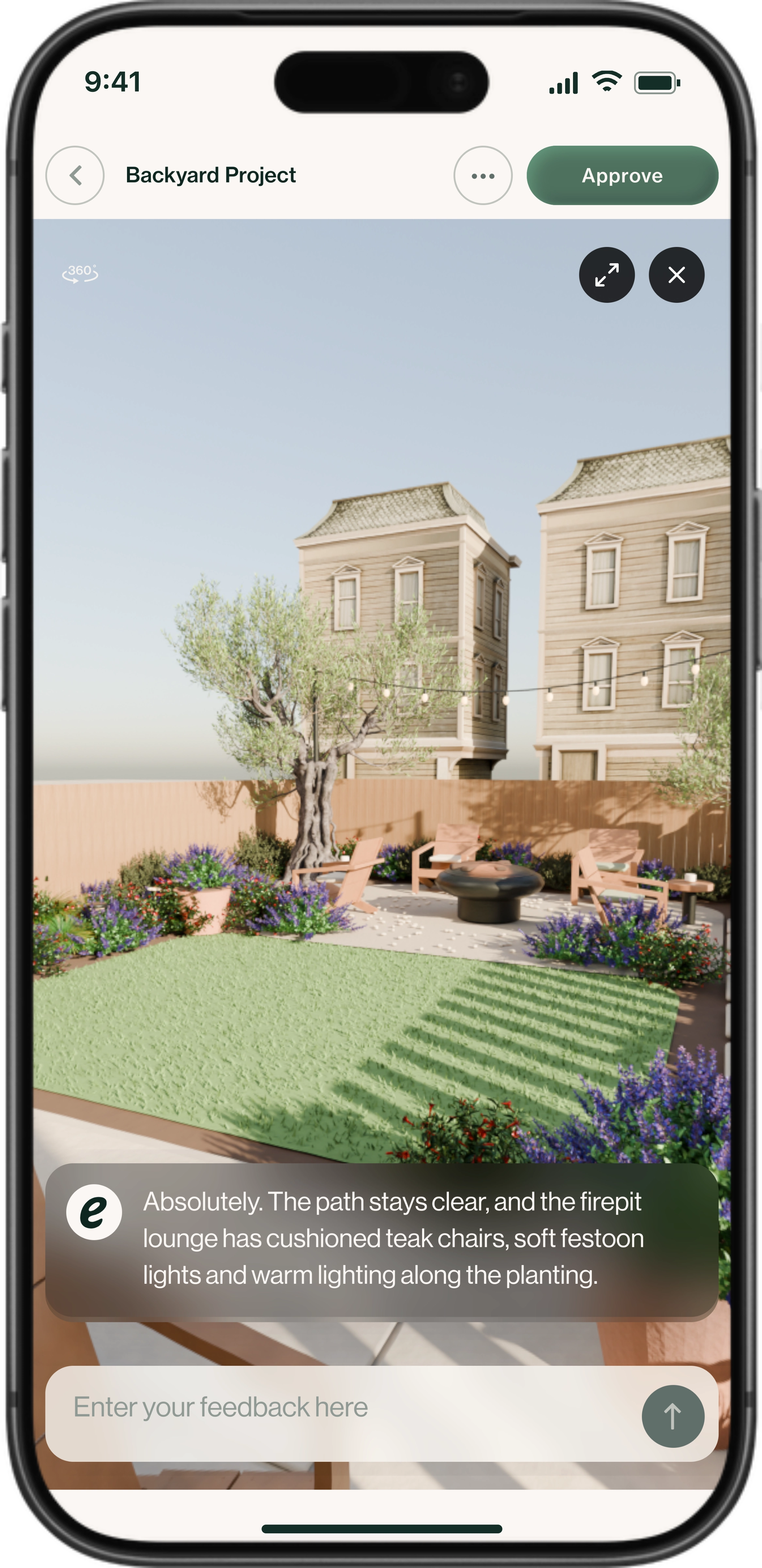 Dining terrace in Eden Studio on an iPhone.