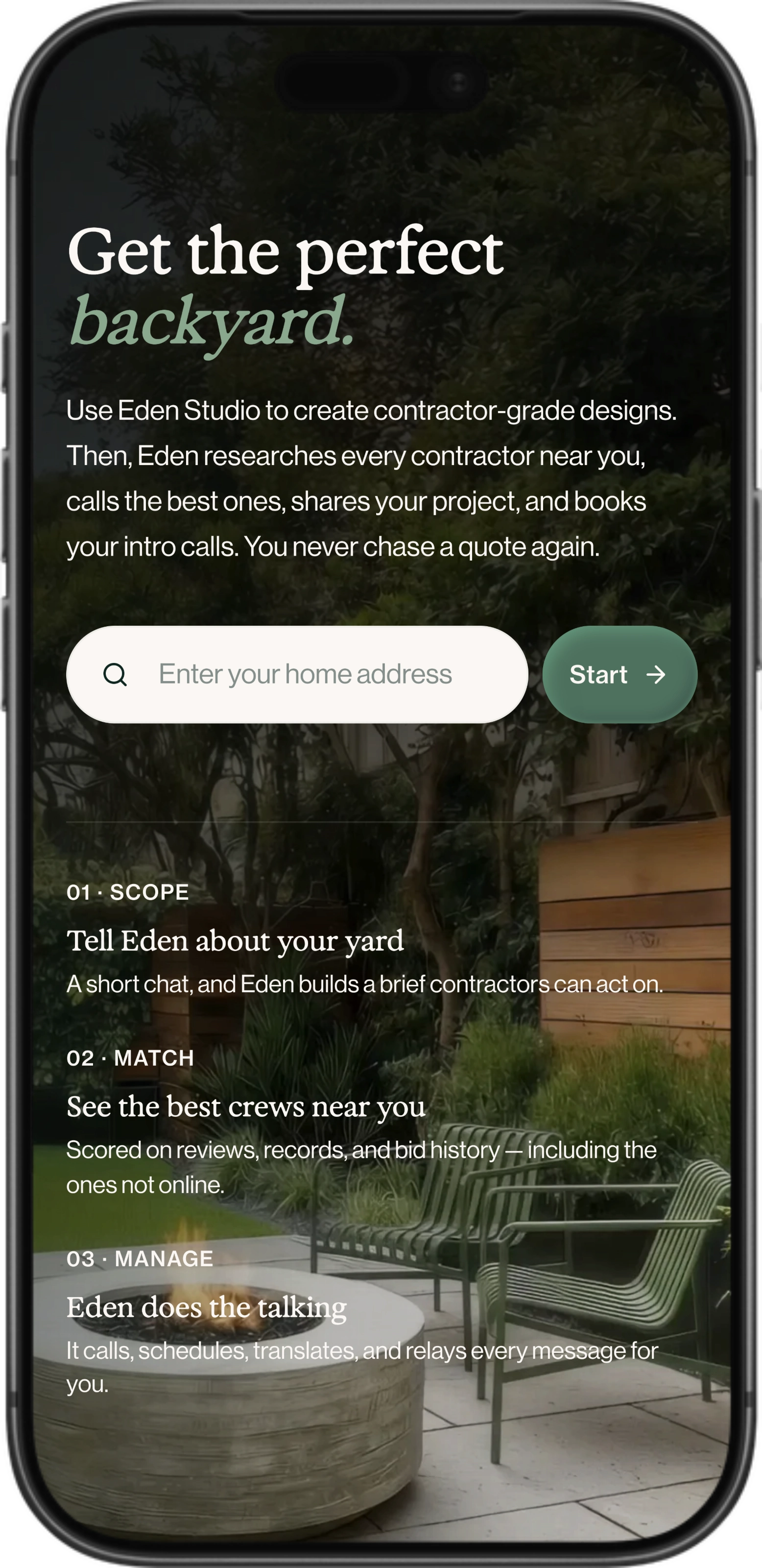 Homeowner introduction in Eden Studio on an iPhone.