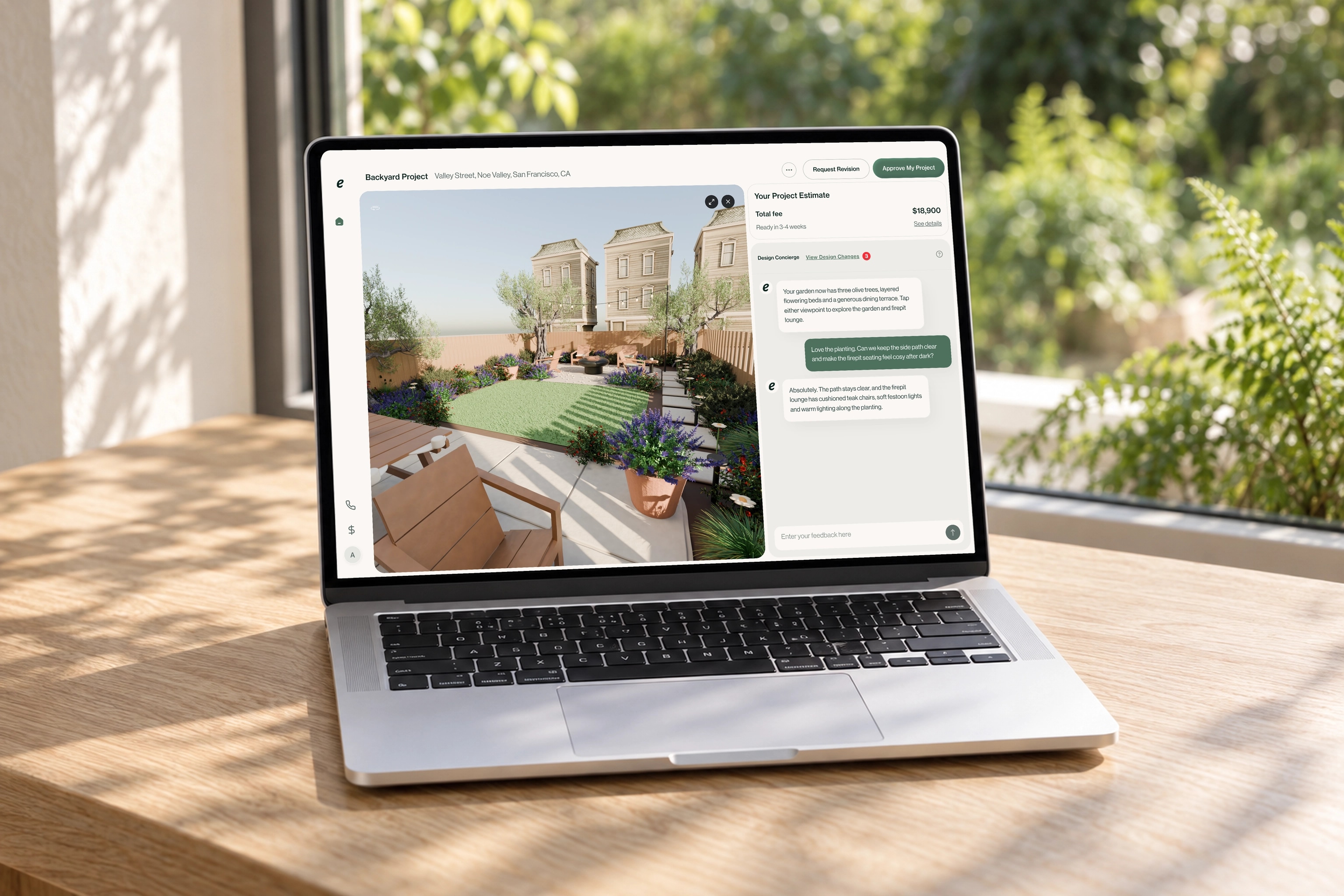 Eden Studio design review on a silver MacBook in a sunlit garden workspace.