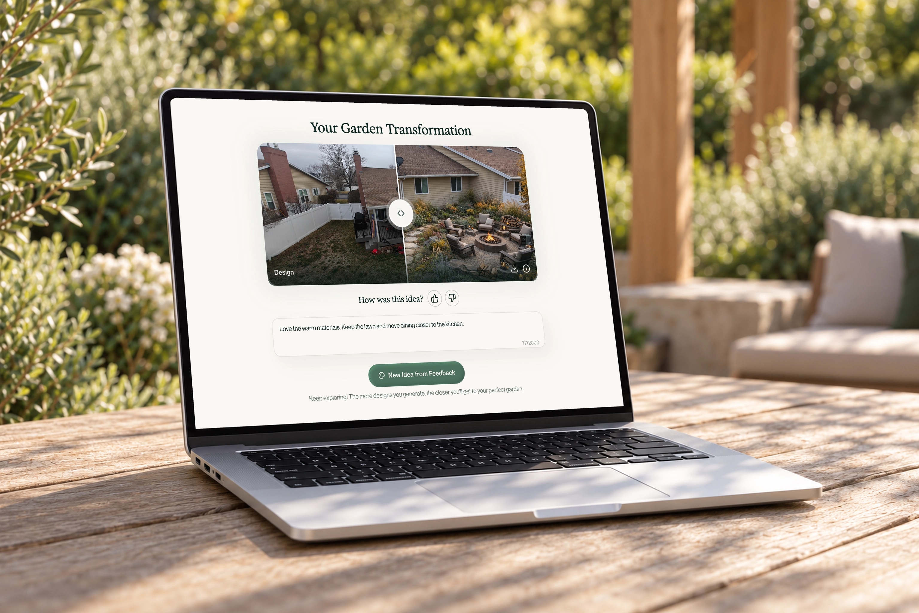 The Eden spark interface on a silver MacBook in a garden setting.