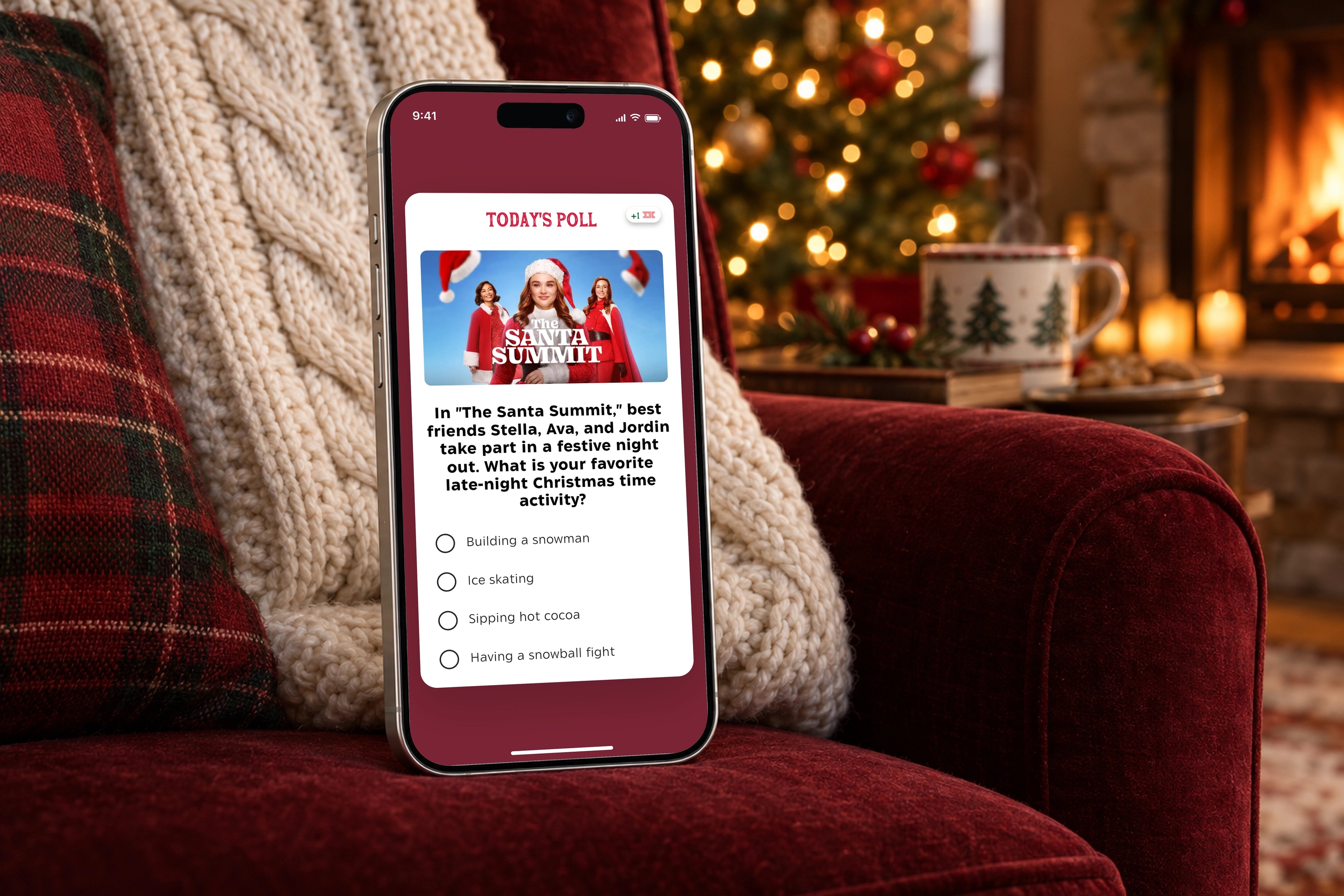 The real Hallmark Movie Game daily poll interface on a iPhone in a scene created for the case study.
