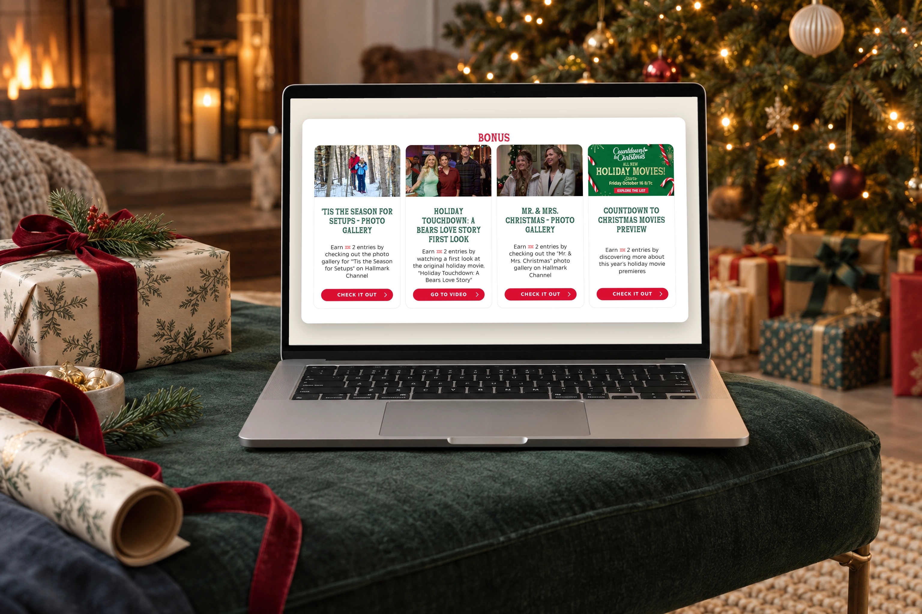 The real Hallmark Movie Game bonus discovery interface on a MacBook in a scene created for the case study.