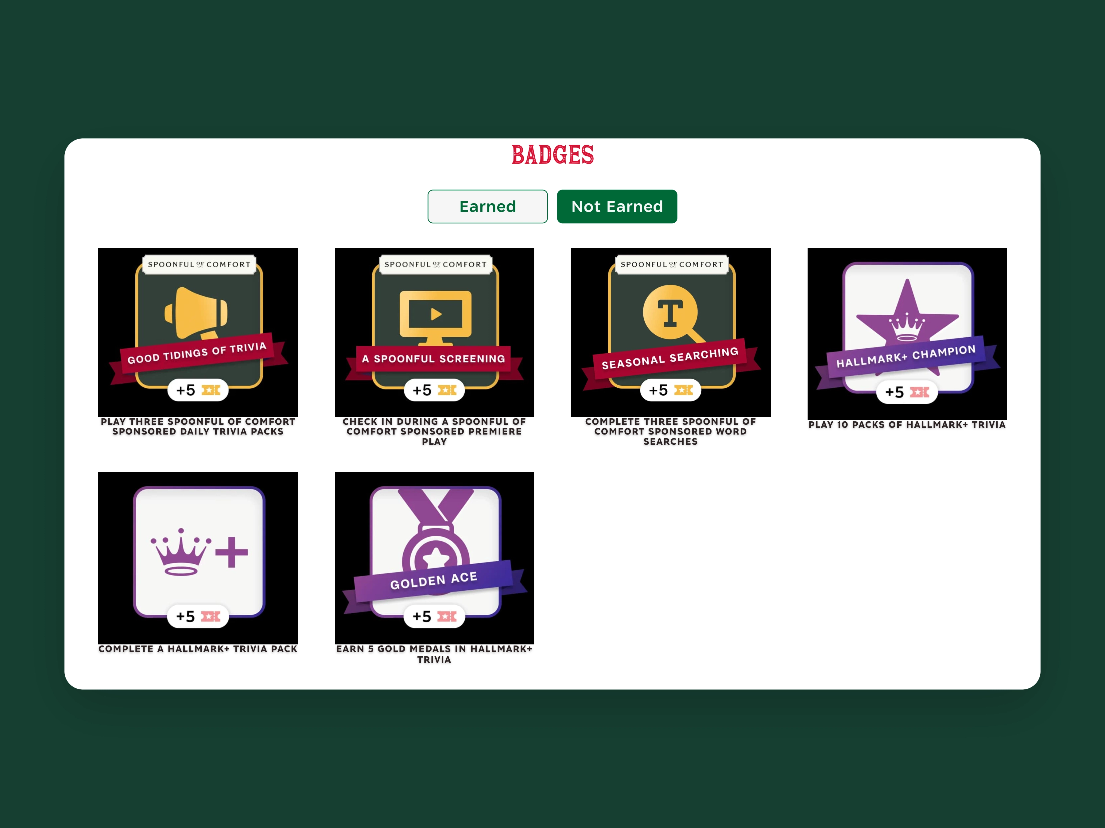 Explore the Christmas achievement badges, captured from Hallmark Movie Game and centered on a background matched to the brand.