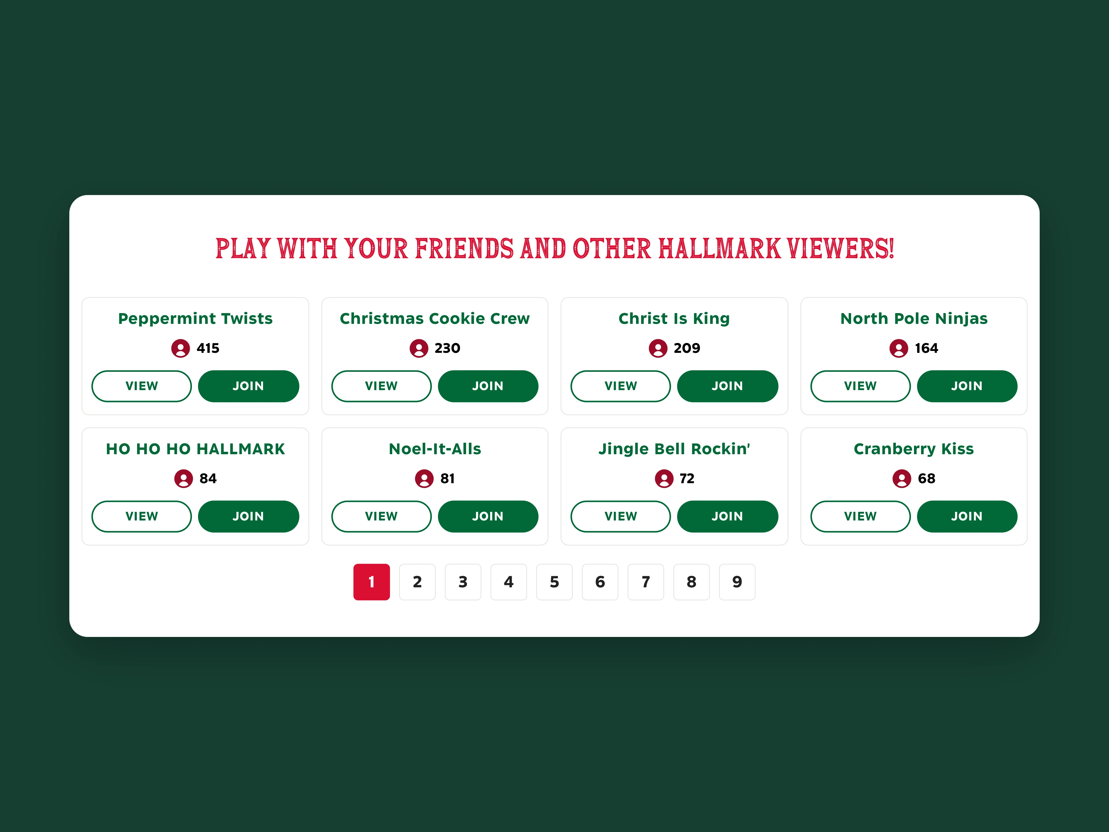 Find a fan group to play with, captured from Hallmark Movie Game and centered on a background matched to the brand.
