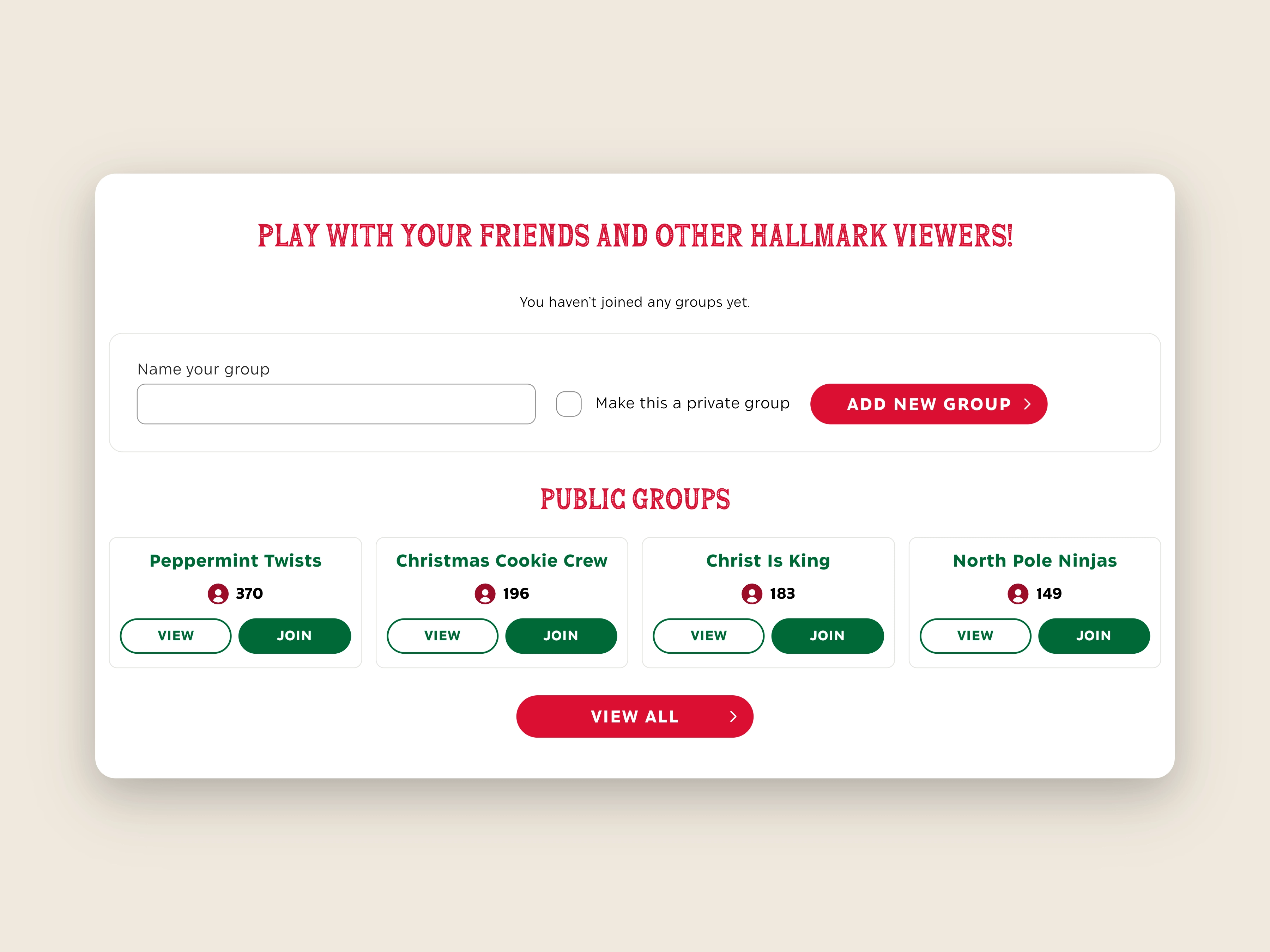 Play with friends and public groups, captured from Hallmark Movie Game and centered on a background matched to the brand.