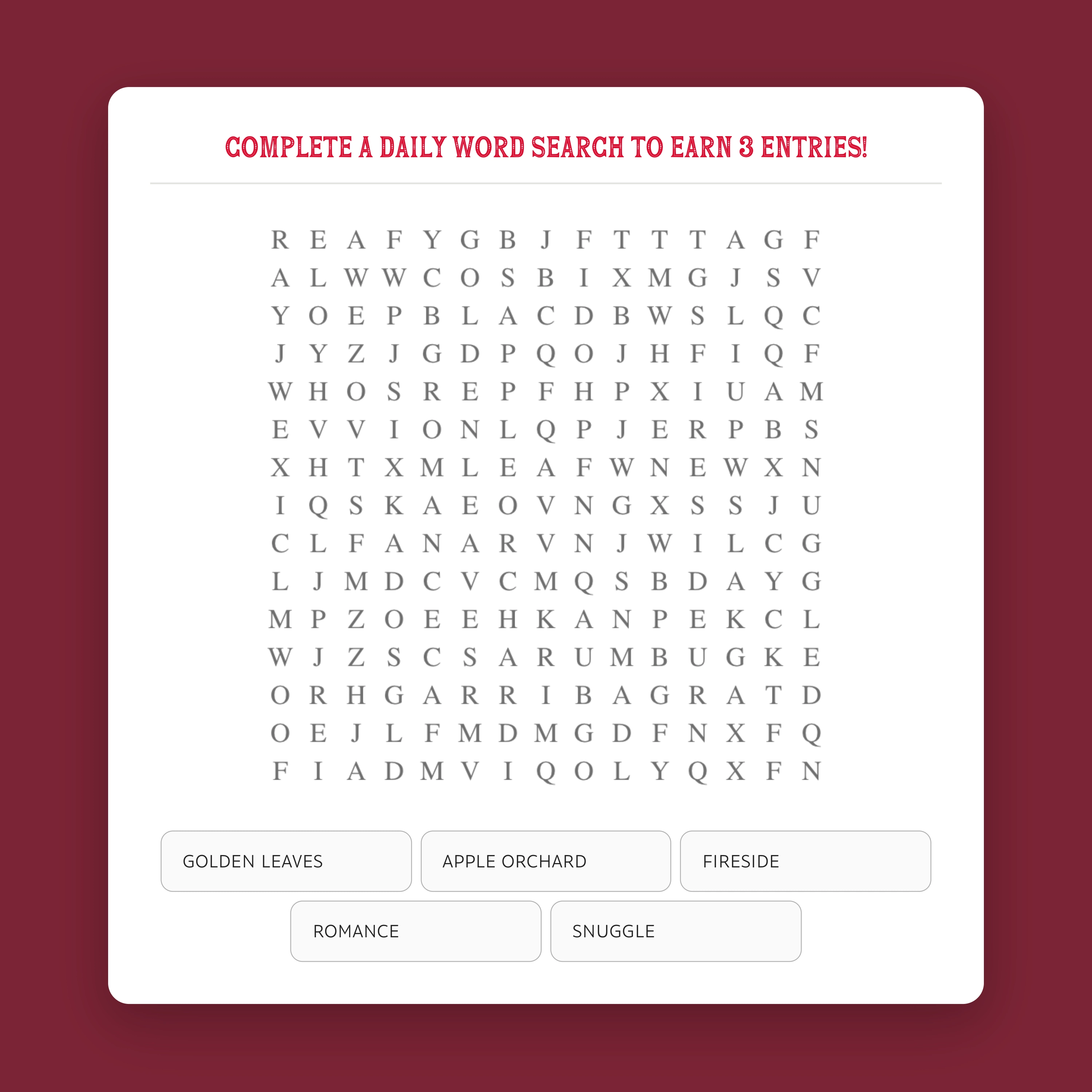 Daily word search, captured from Hallmark Movie Game and centered on a background matched to the brand.