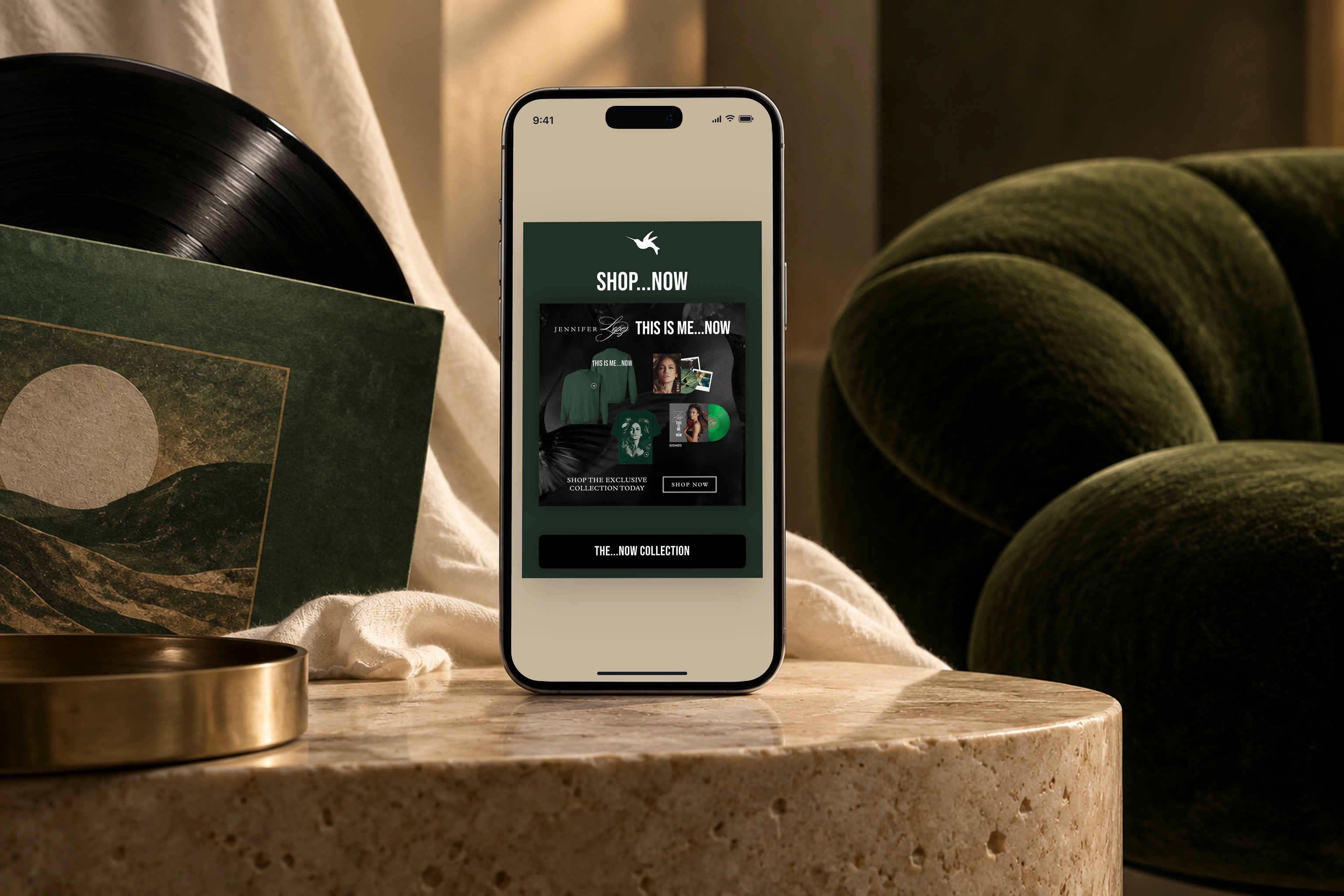 The real On The JLo merch collection interface on a iPhone in a scene created for the case study.