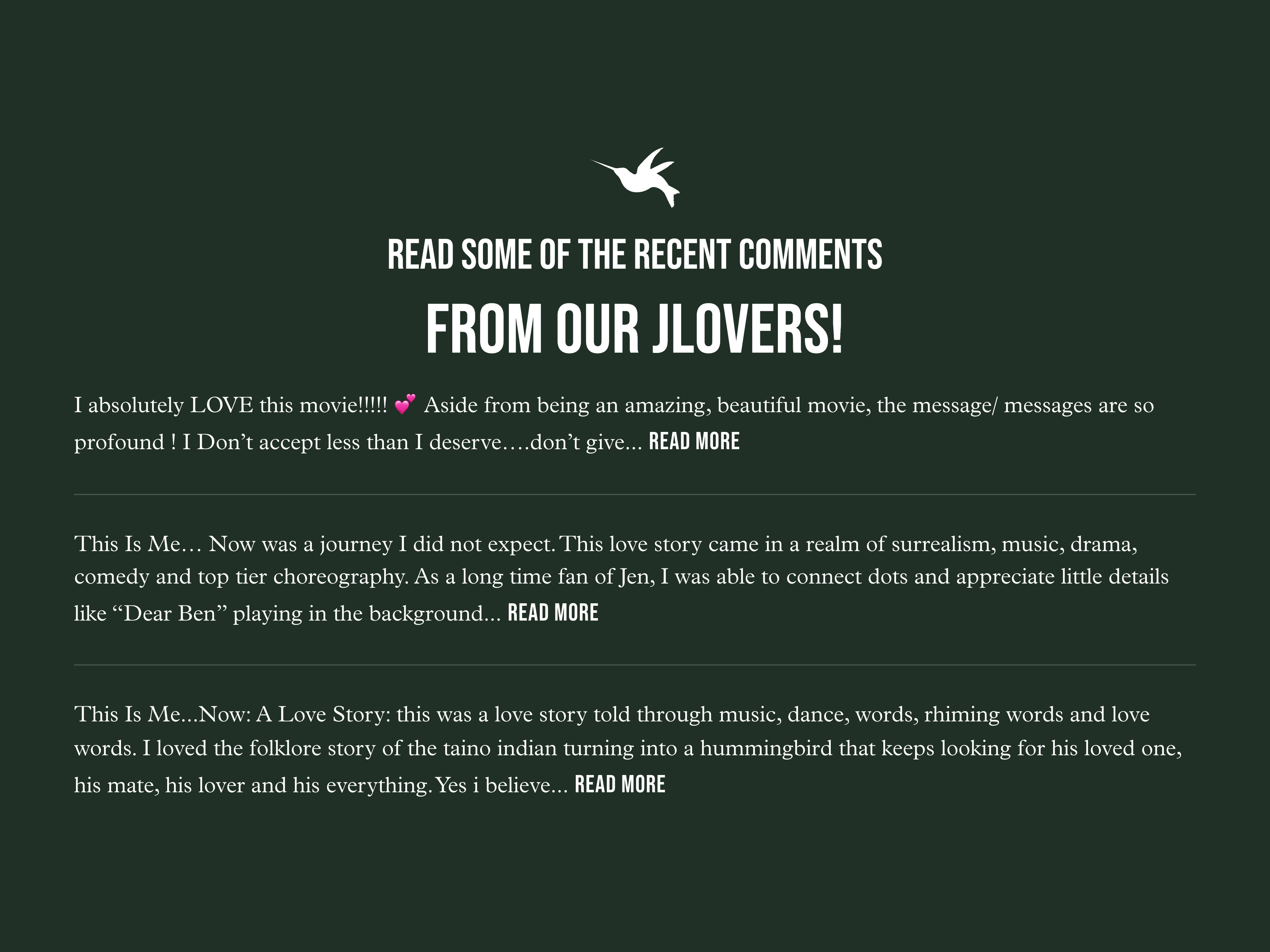 Comments from the JLovers, captured from On The JLo and centered on a background matched to the brand.