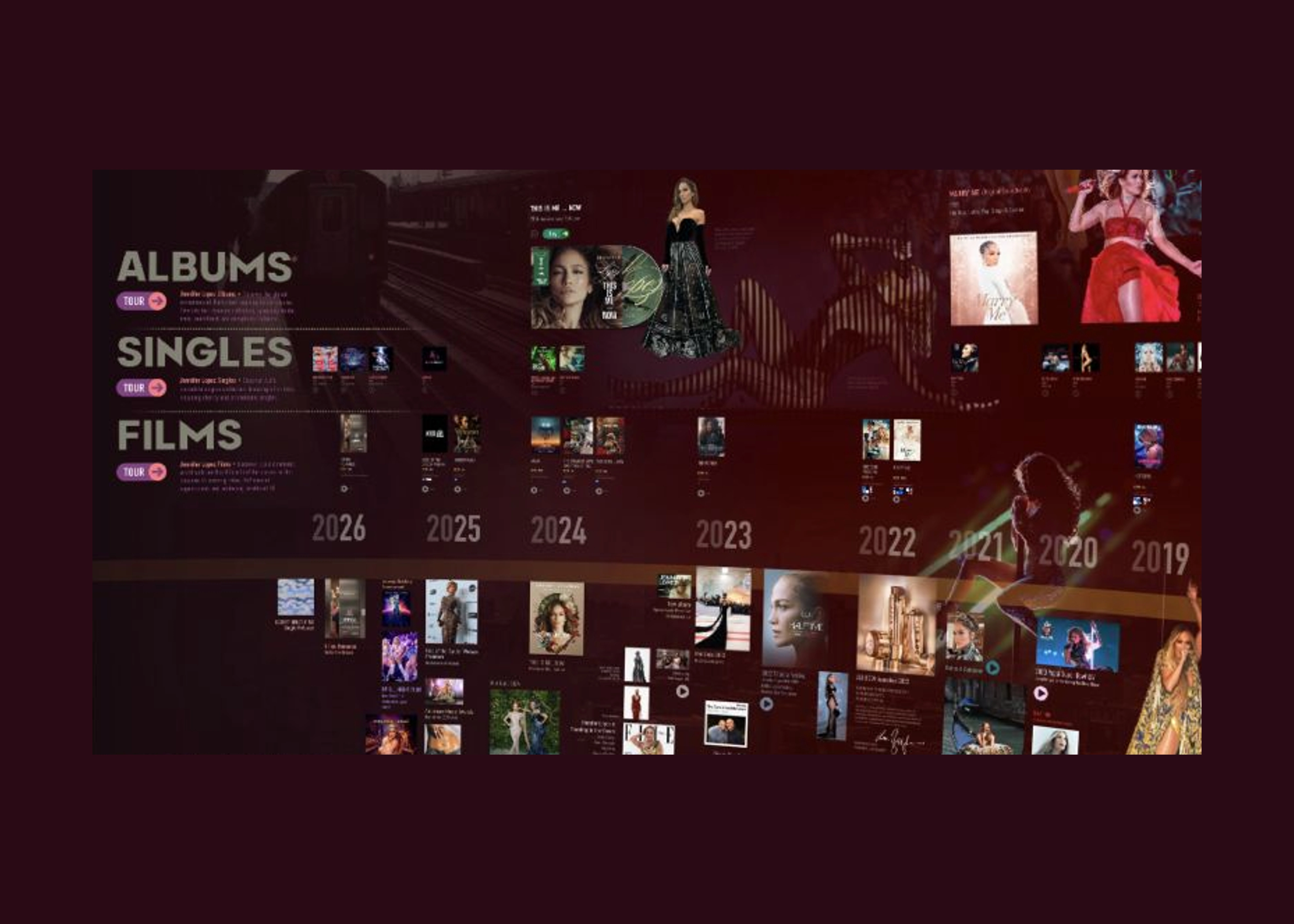Albums, films and moments in the immersive timeline, captured from the real On The JLo immersive site and centered on a matching background.