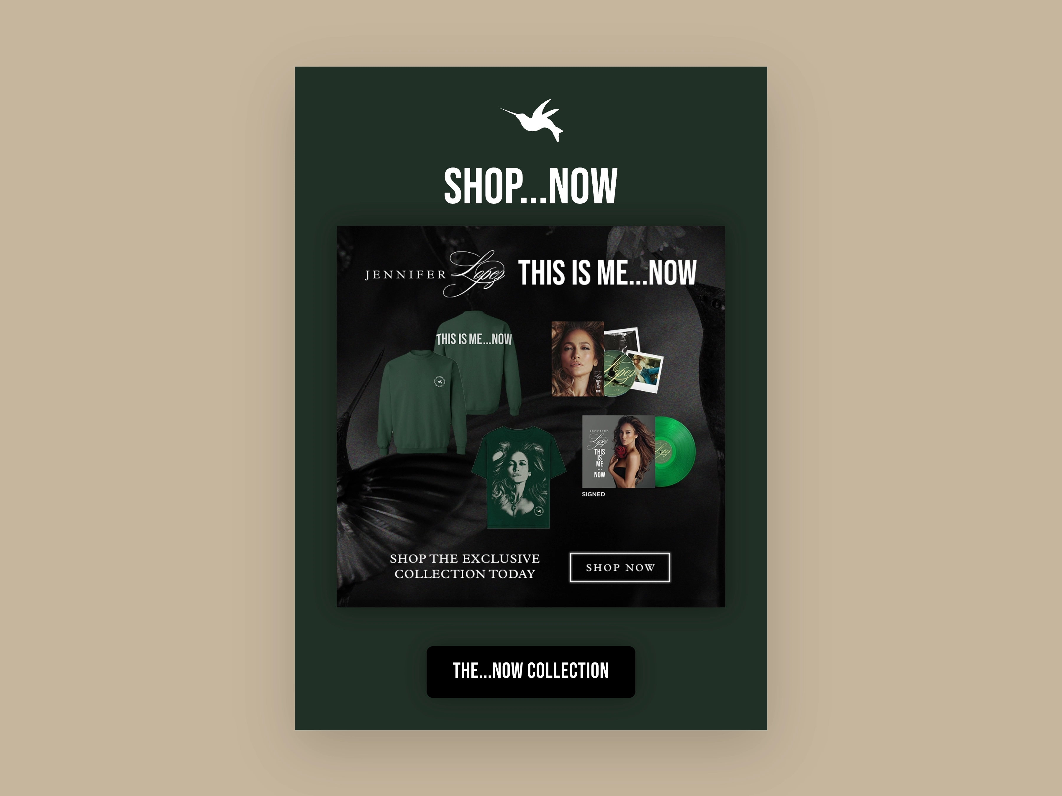 The Now Collection merchandise, captured from On The JLo and centered on a background matched to the brand.