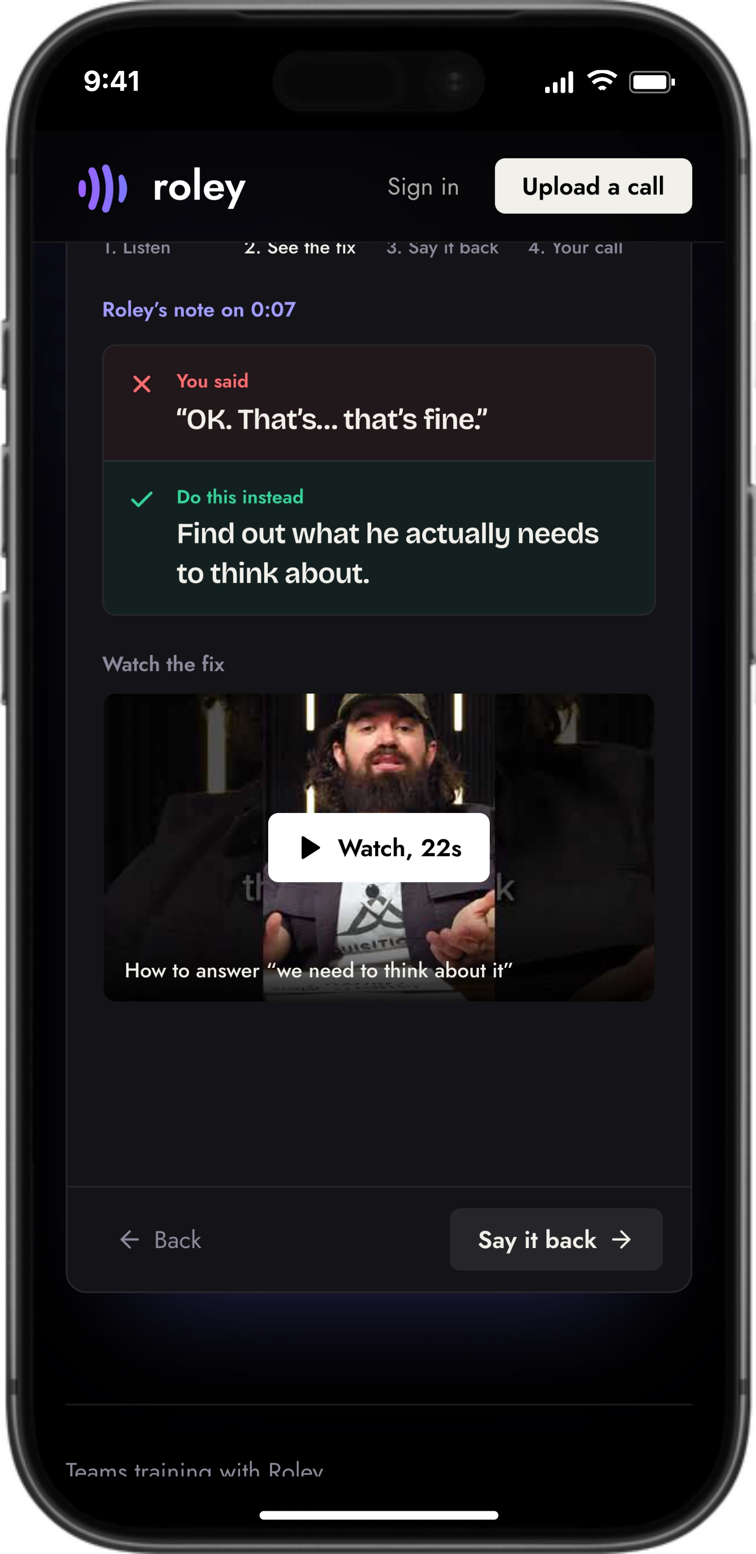 Turning call feedback into practice on an iPhone in Roley AI.