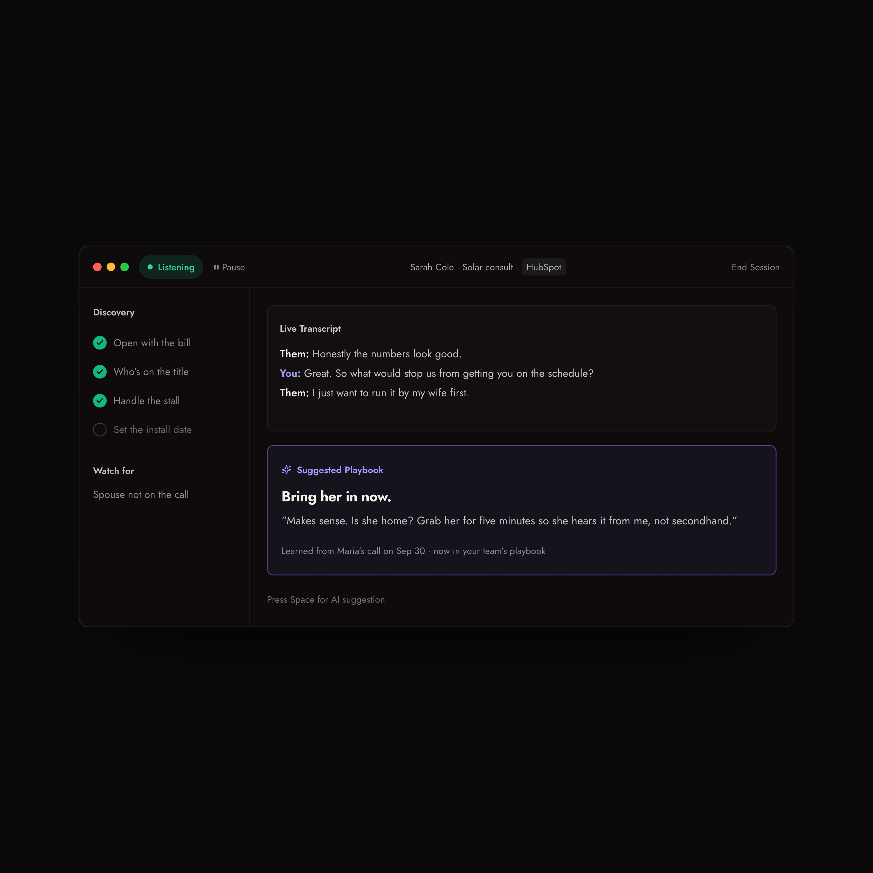 Roley’s public Co-Pilot demo with a discovery playbook, live transcript and suggested response.
