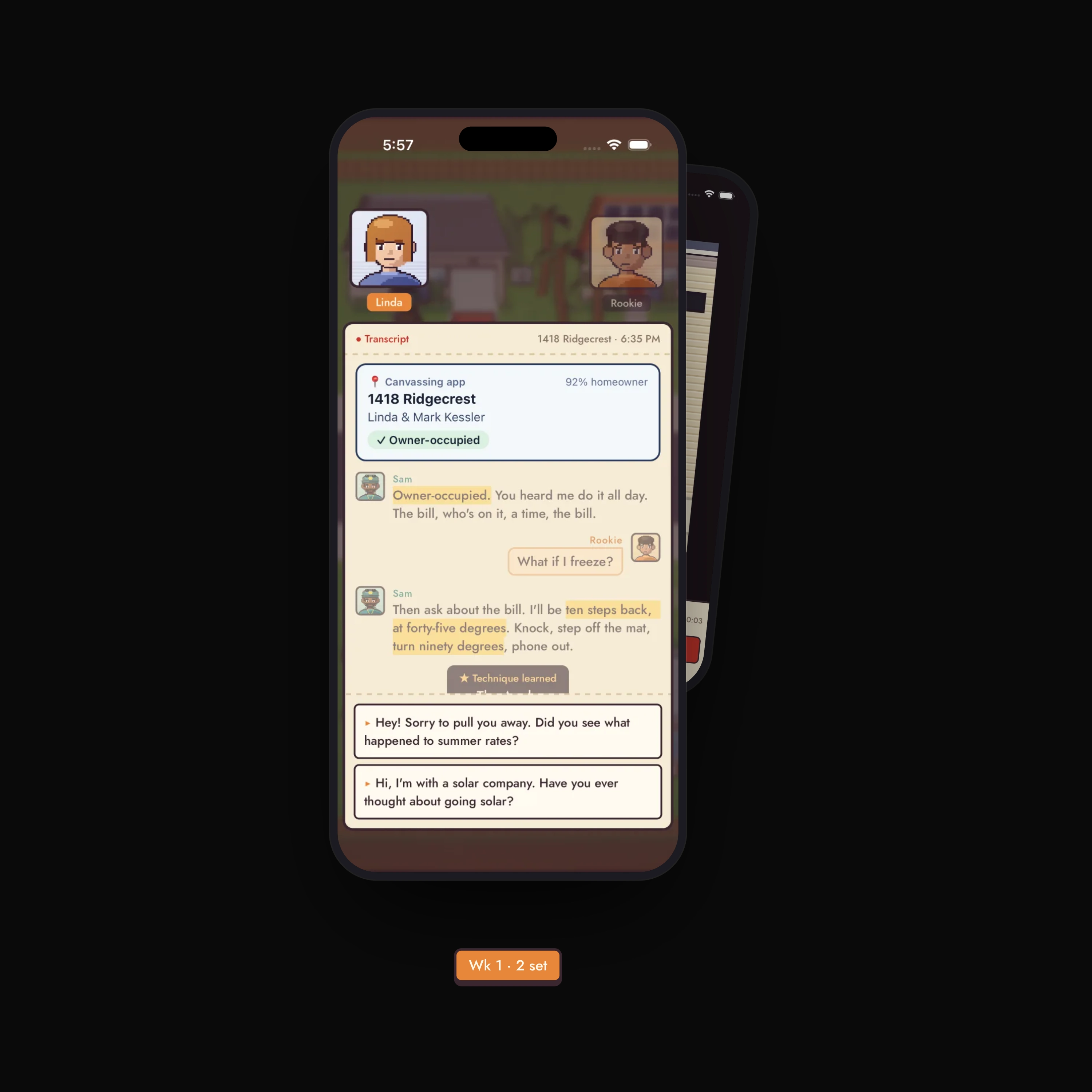 Roley’s Game Mode demo showing a sales rep choosing how to open a conversation at a customer’s door.
