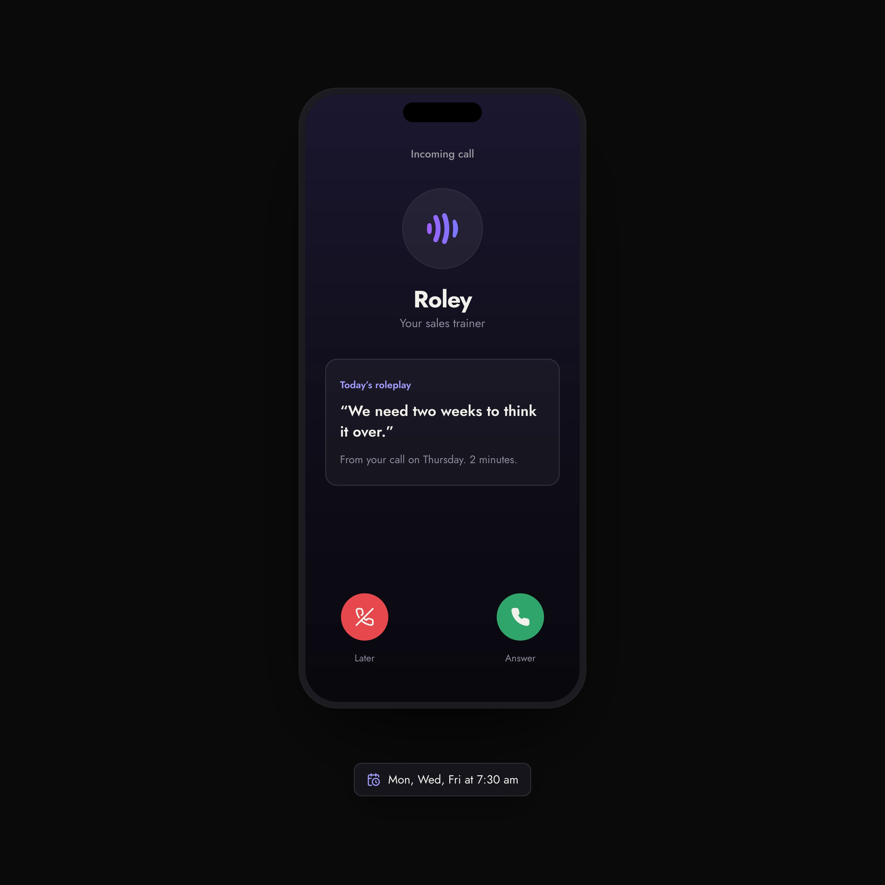 Roley’s scheduled training demo showing an incoming call from an AI sales trainer.