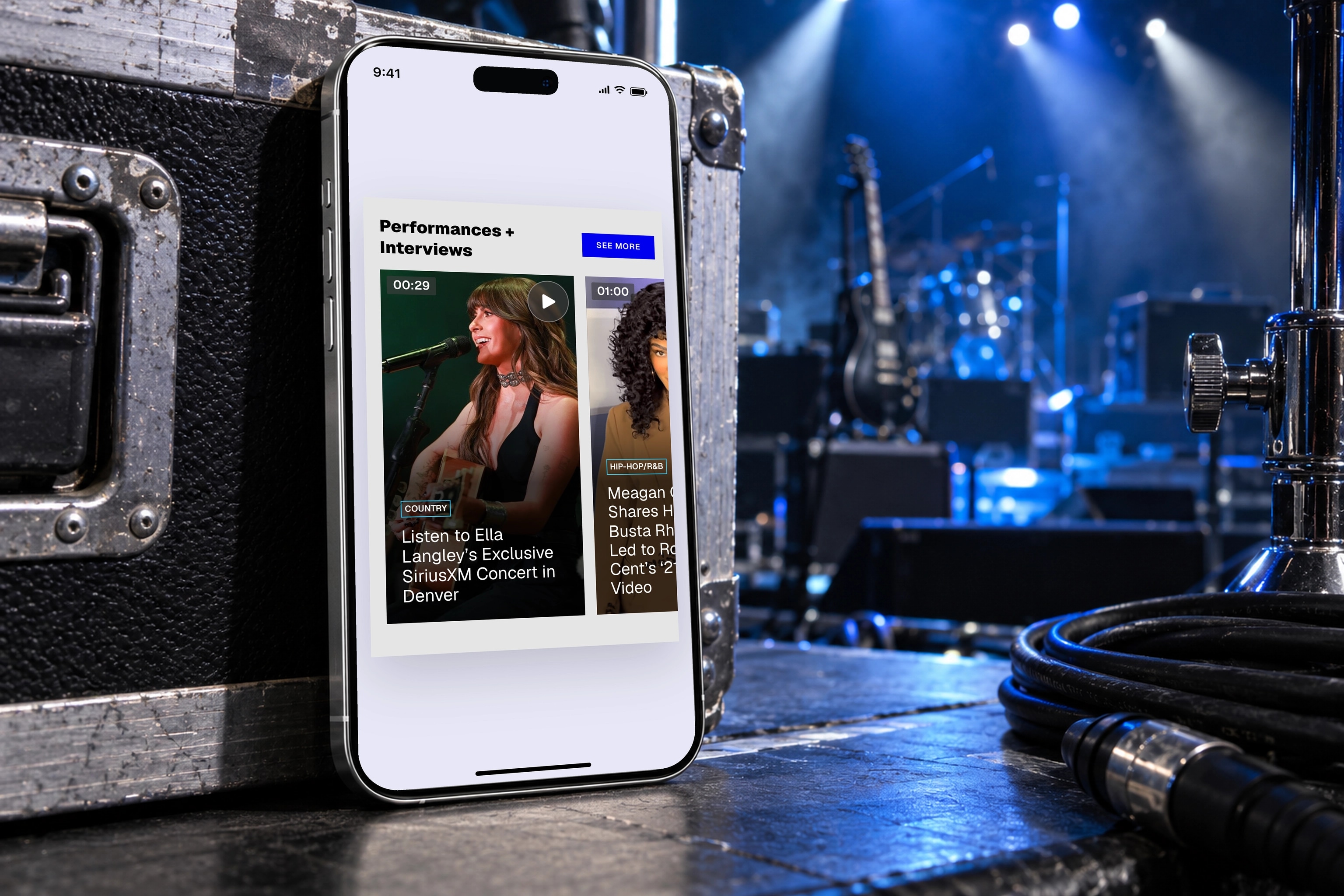 The real SiriusXM Blog performance videos interface on a iPhone in a scene created for the case study.