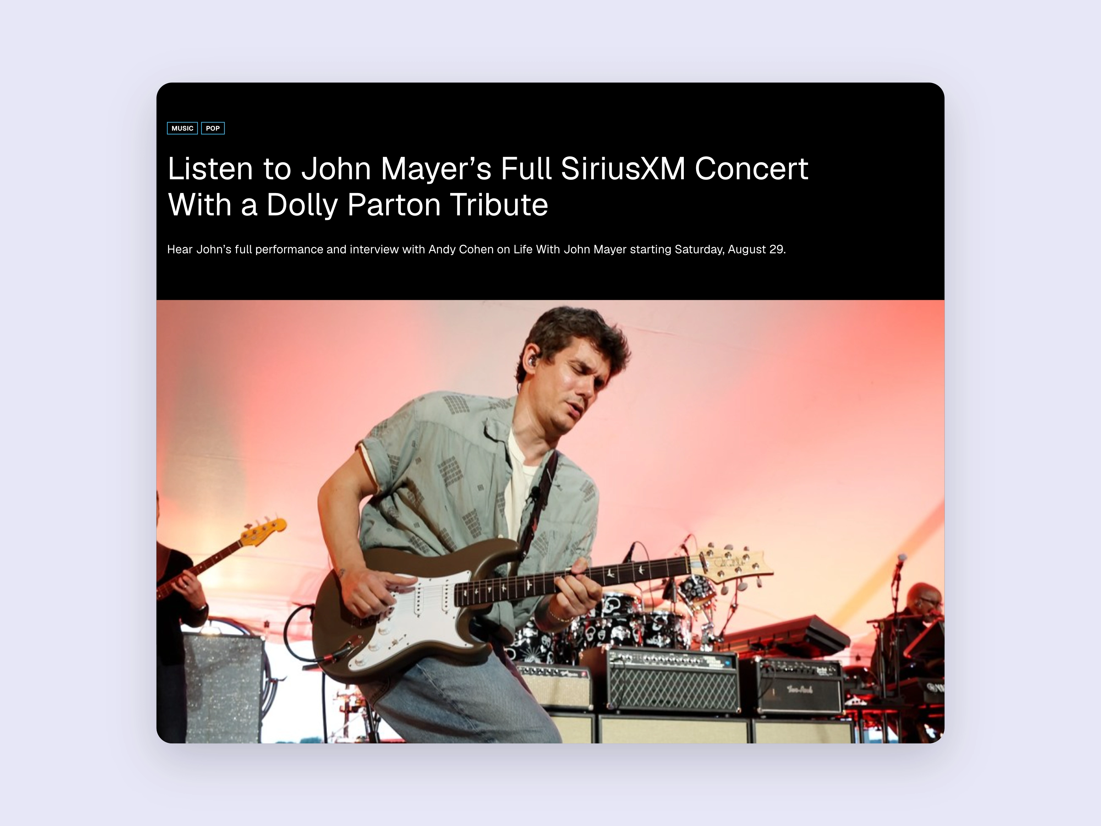 An exclusive John Mayer concert story, captured from SiriusXM Blog and centered on a background matched to the brand.