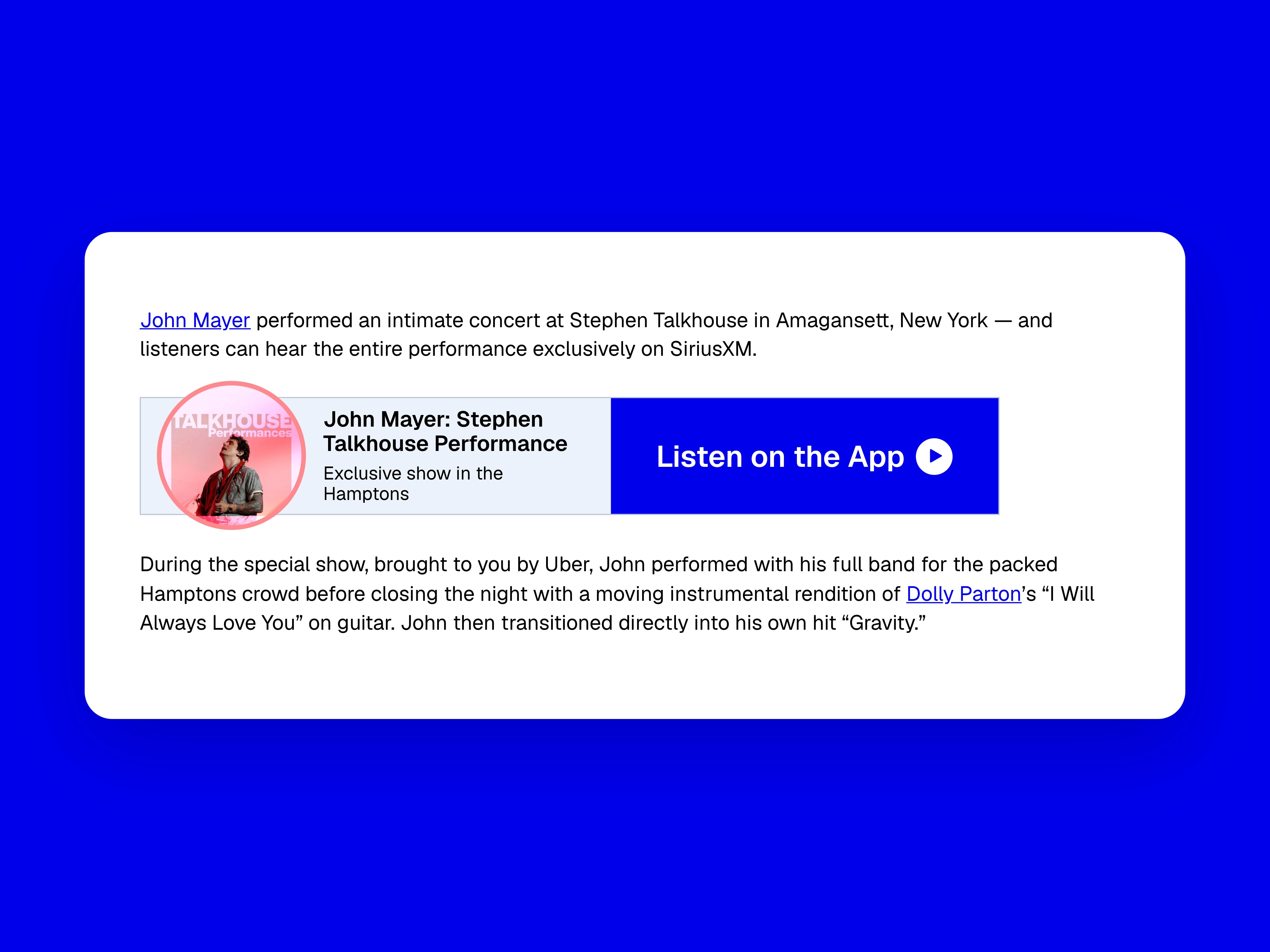The article reading experience, captured from SiriusXM Blog and centered on a background matched to the brand.