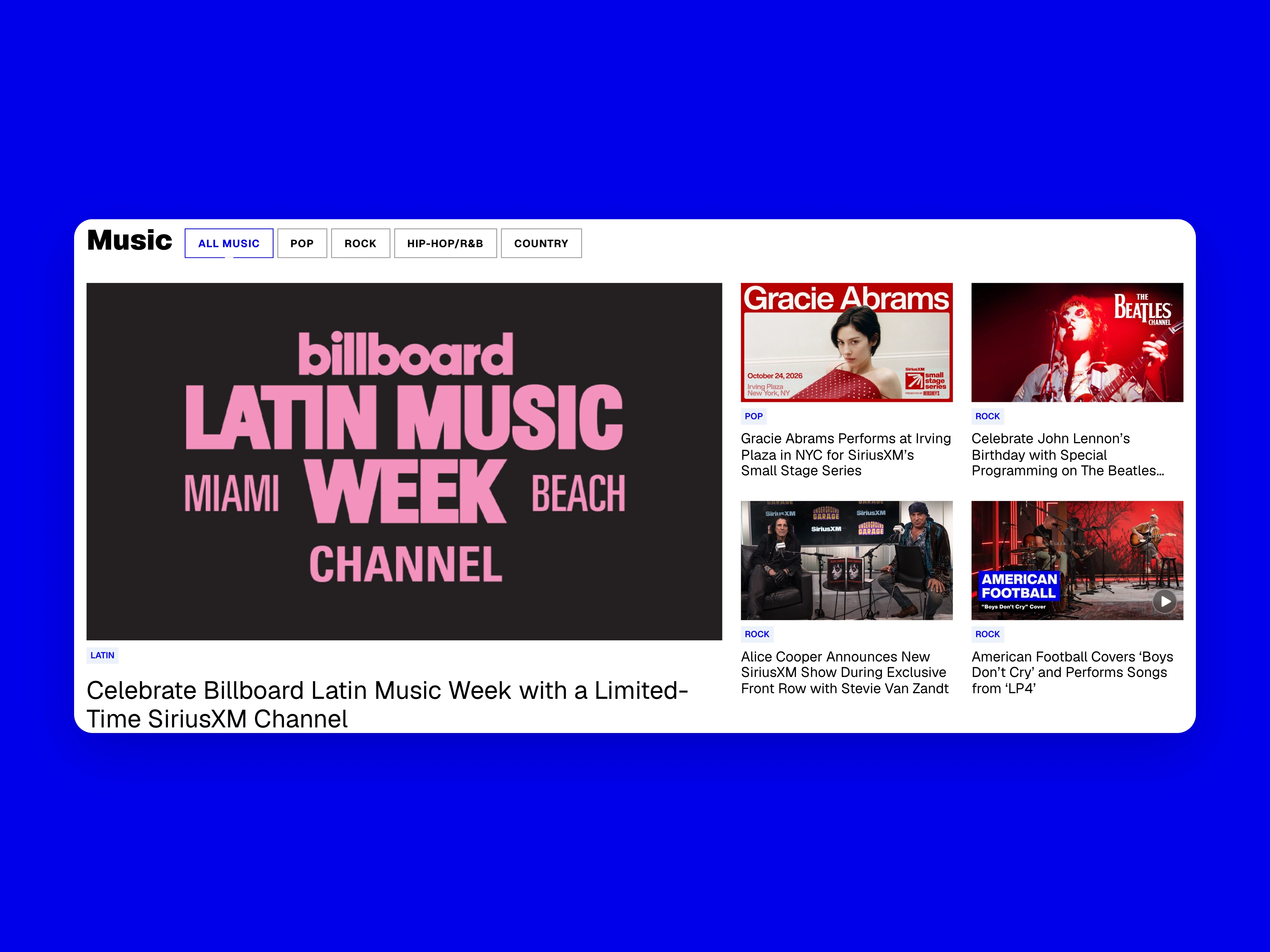 Explore music by genre, captured from SiriusXM Blog and centered on a background matched to the brand.