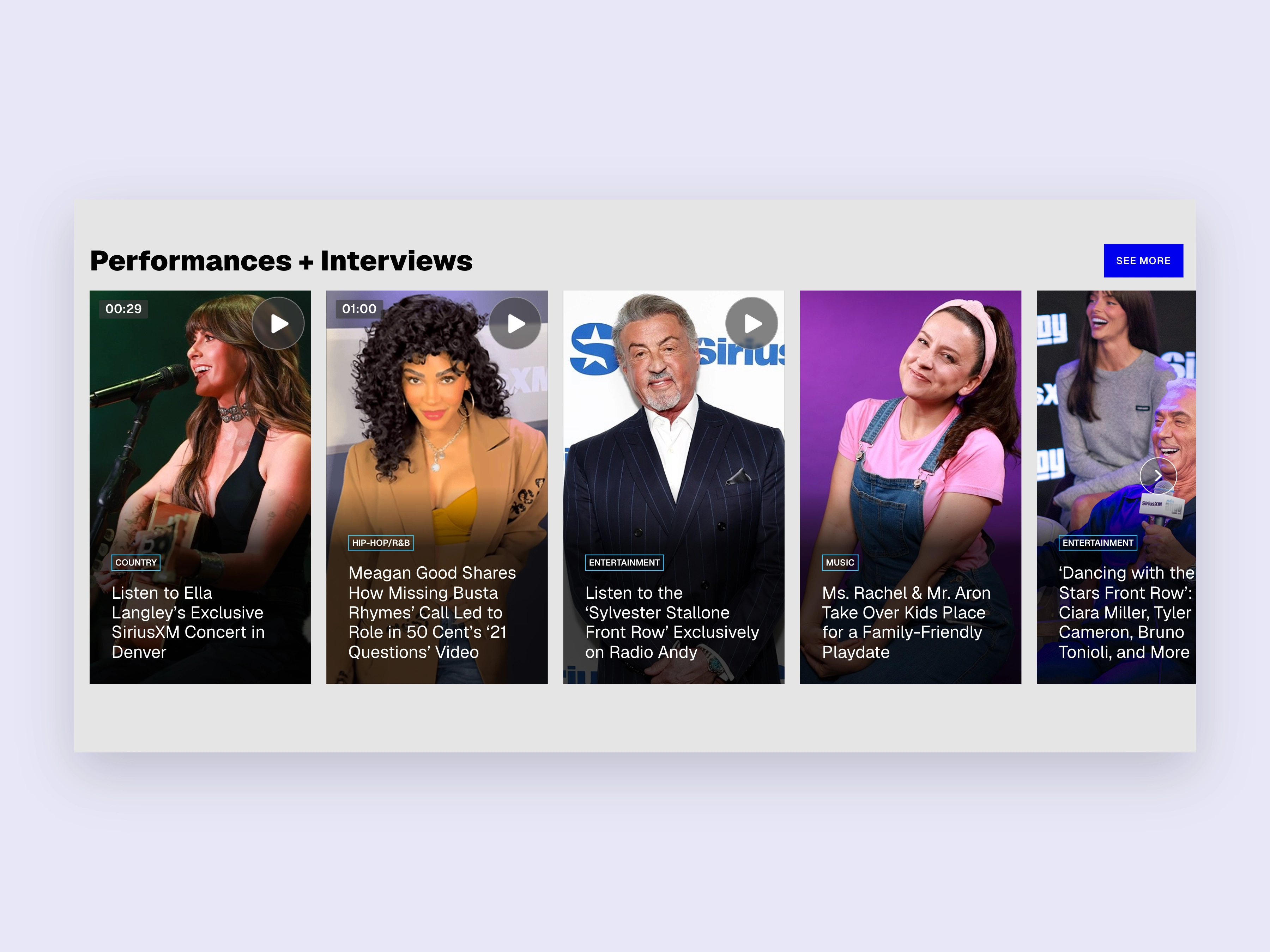 Performances and interview videos, captured from SiriusXM Blog and centered on a background matched to the brand.