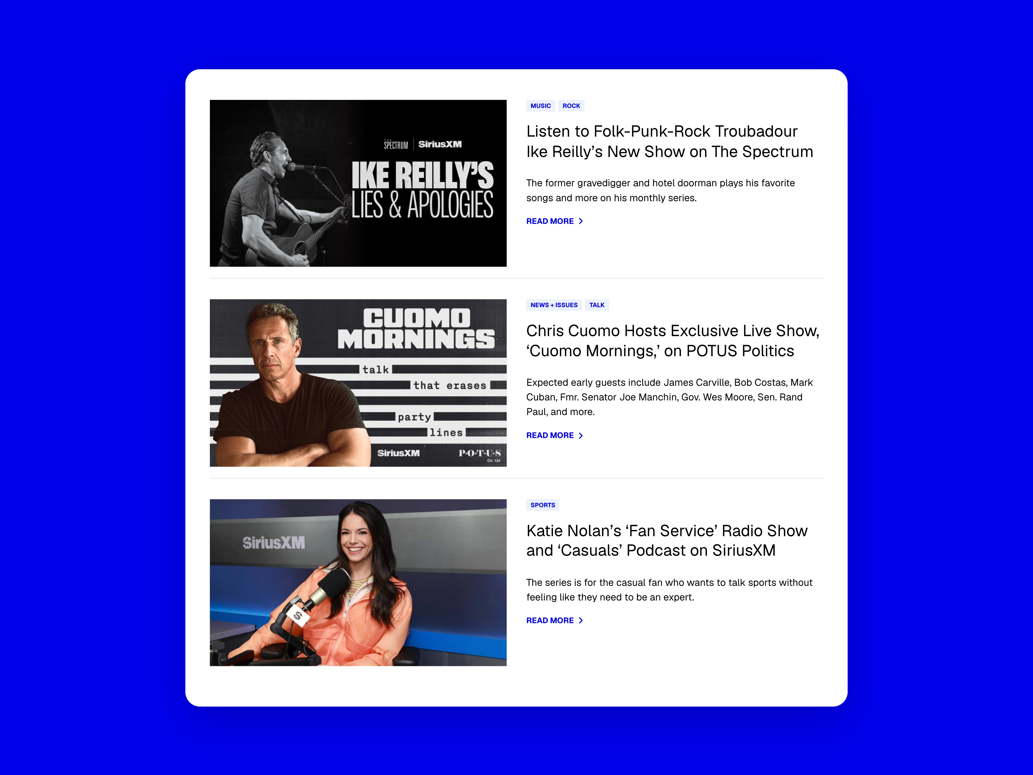 Podcasts and original stories, captured from SiriusXM Blog and centered on a background matched to the brand.
