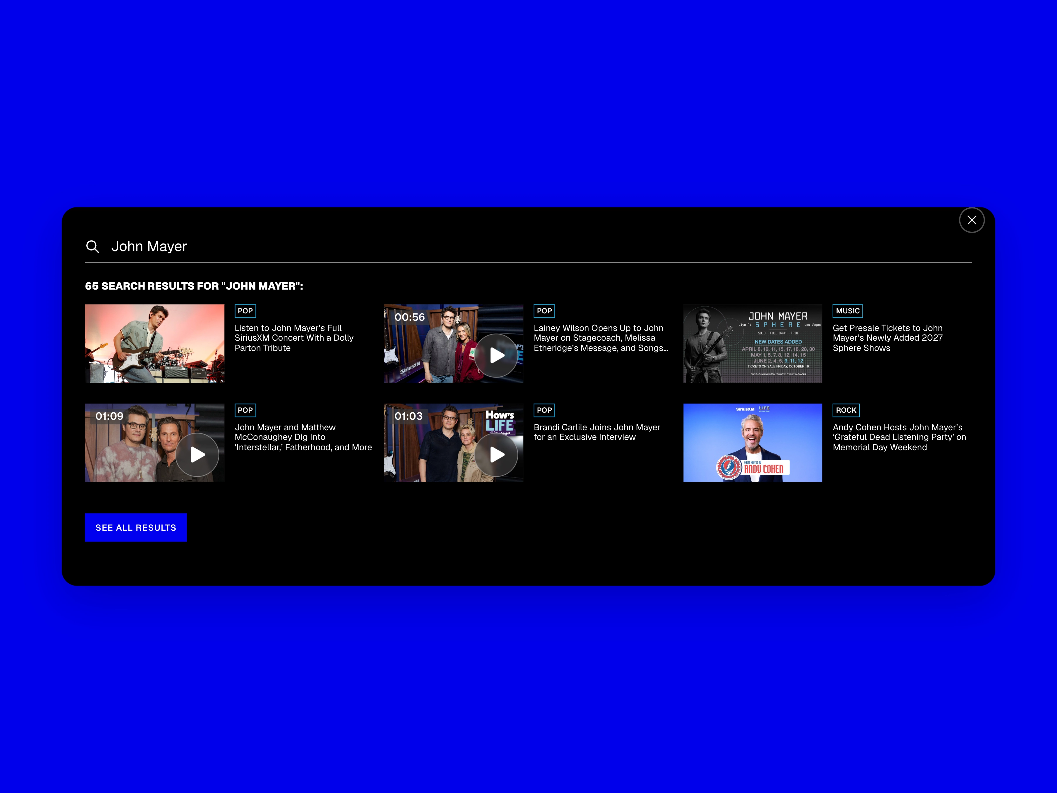 Search for artists and stories, captured from SiriusXM Blog and centered on a background matched to the brand.