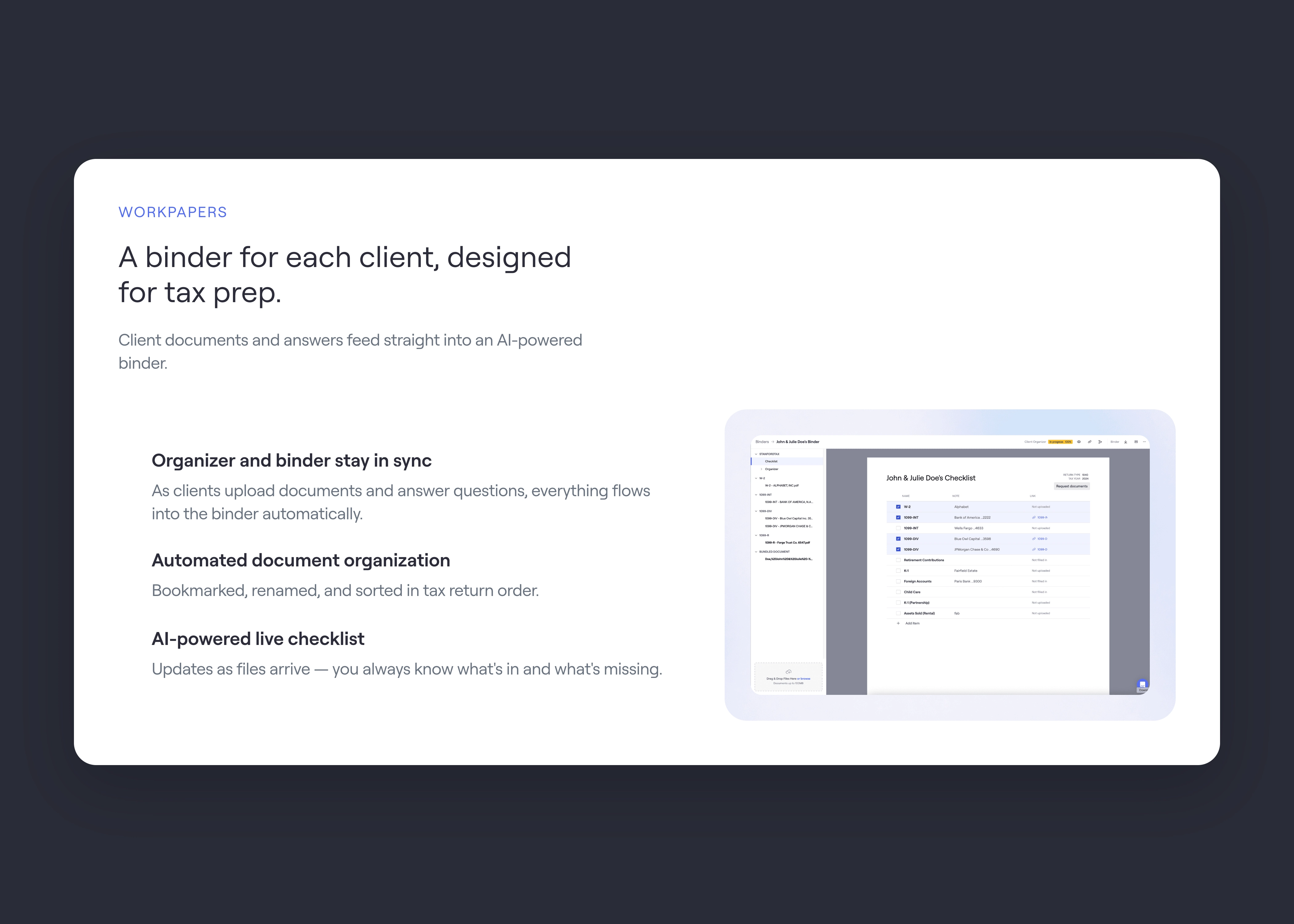The client binder workflow, captured from StanfordTax and centered on a background matched to the brand.