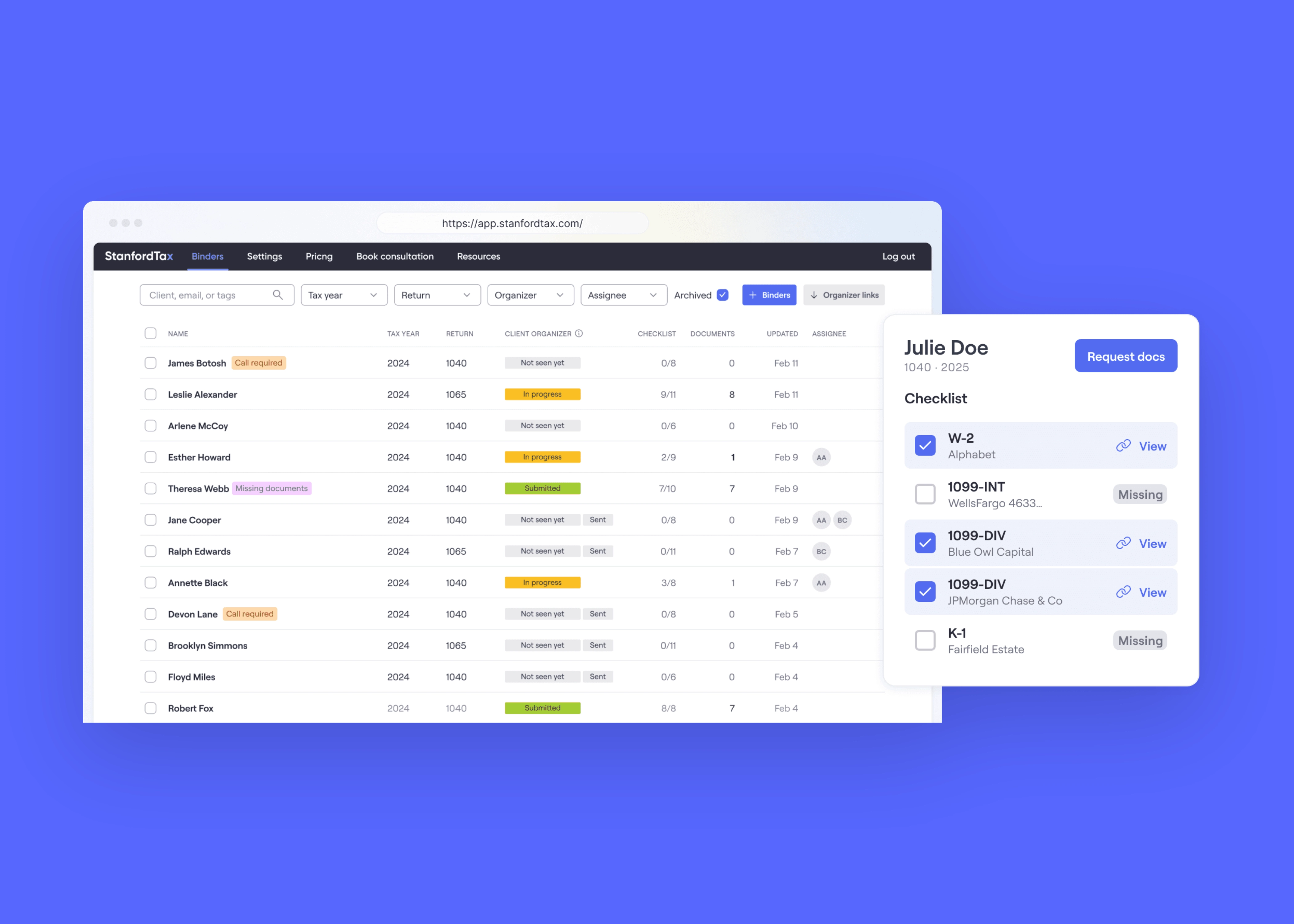 Firm client overview and live checklist, captured from StanfordTax and centered on a background matched to the brand.