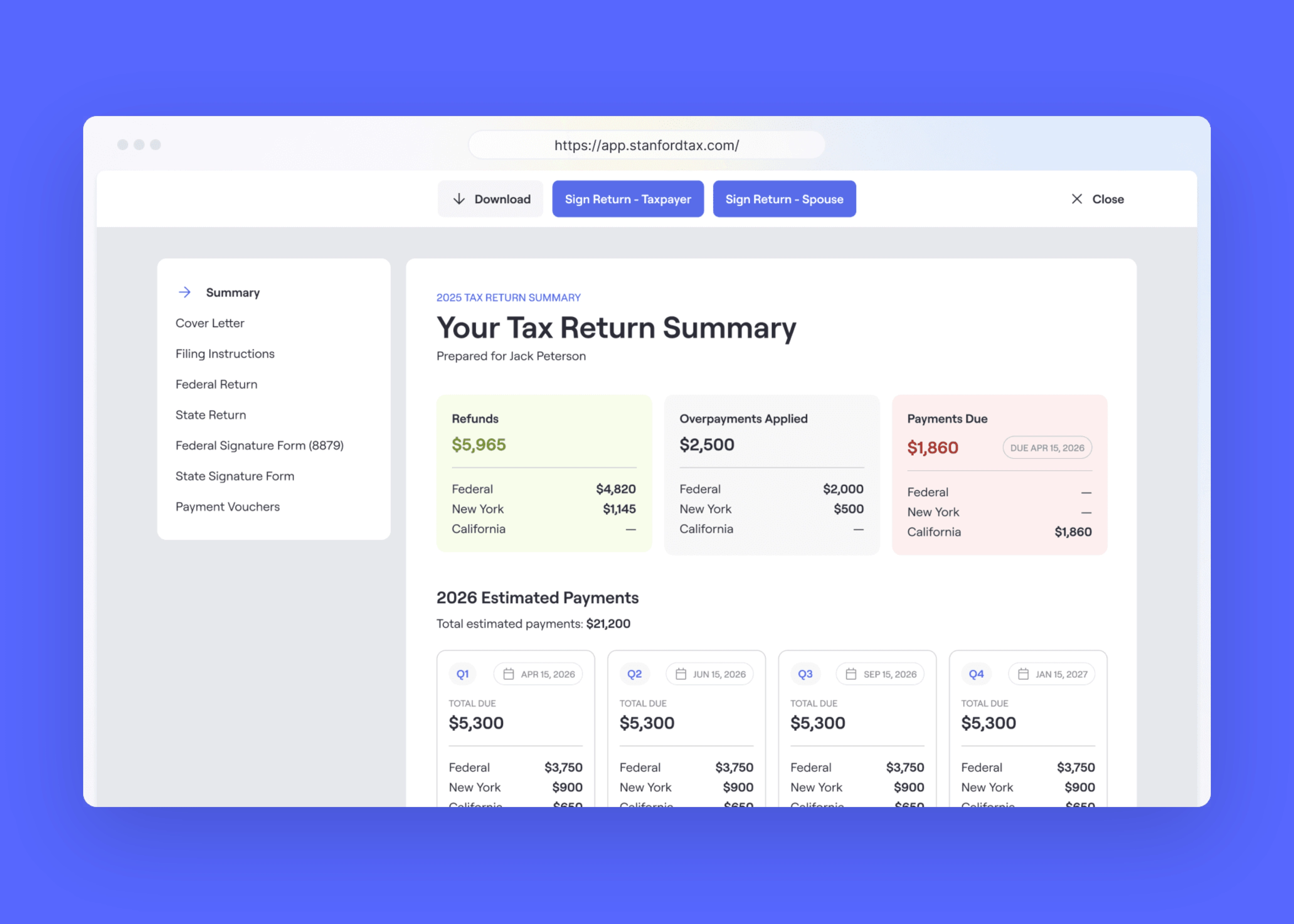 Tax return delivery and summary, captured from StanfordTax and centered on a background matched to the brand.