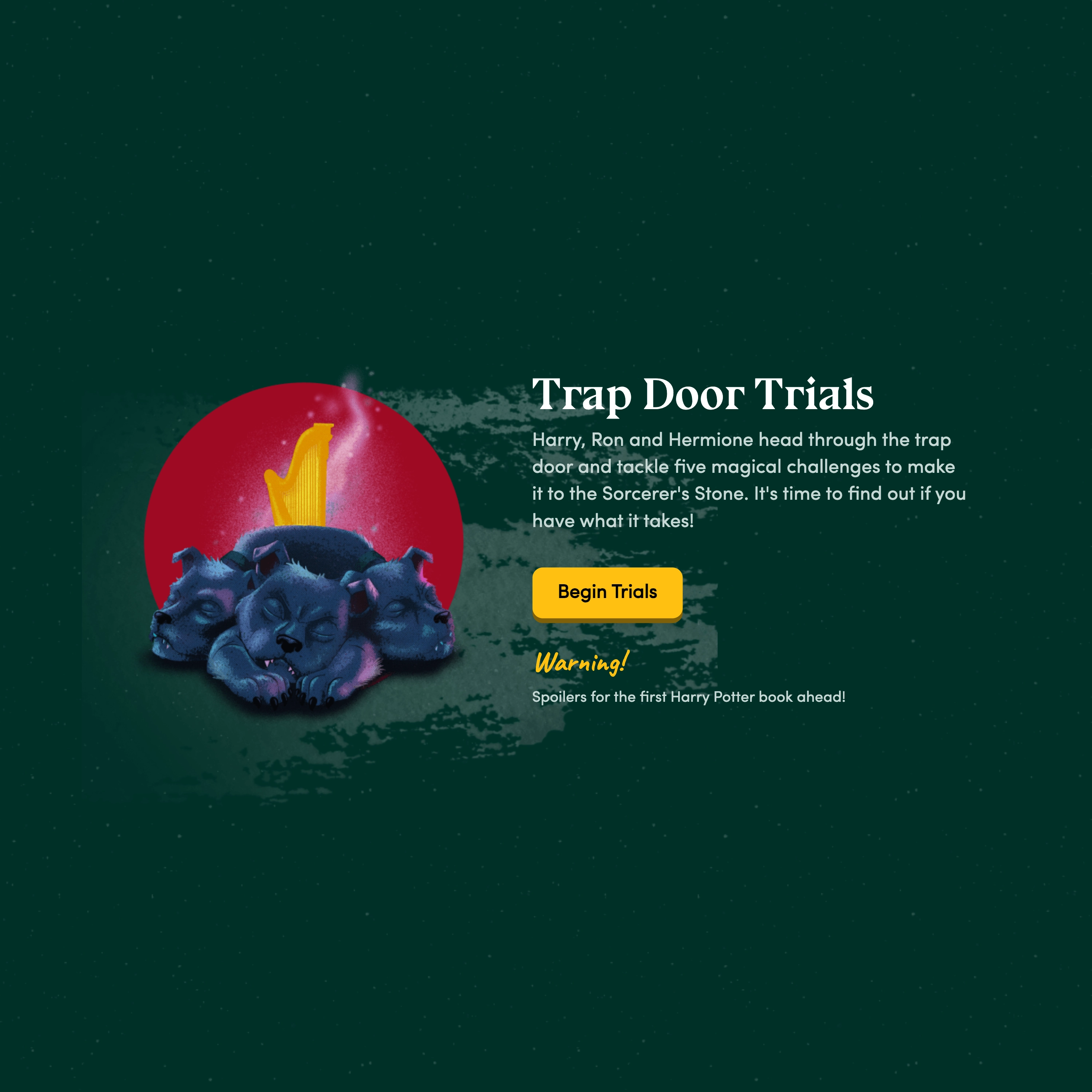 Trap Door Trials, with the complete original content centered on its Starting Harry Potter app background.