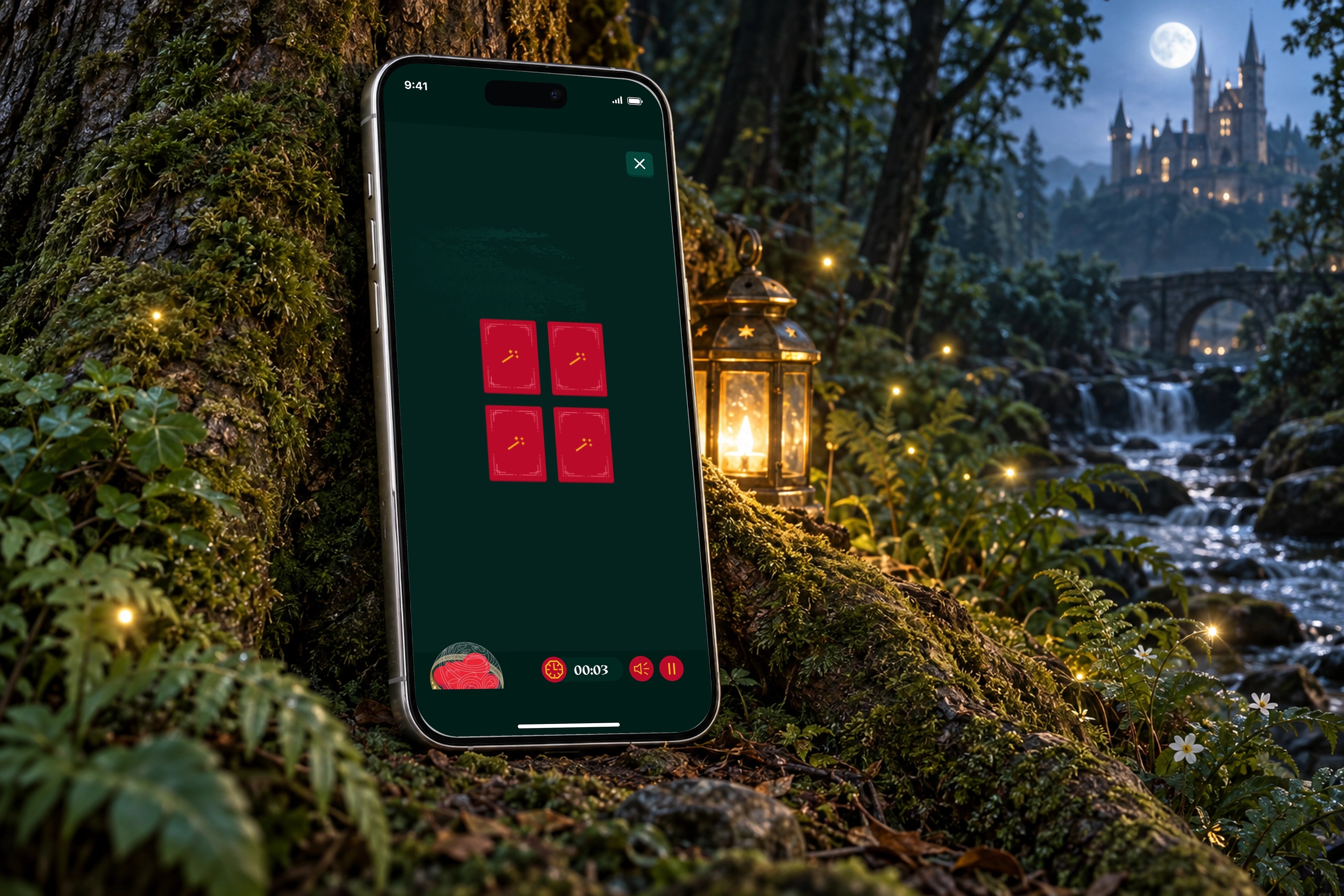 The real Starting Harry Potter memory game interface on a iPhone in a scene created for the case study.
