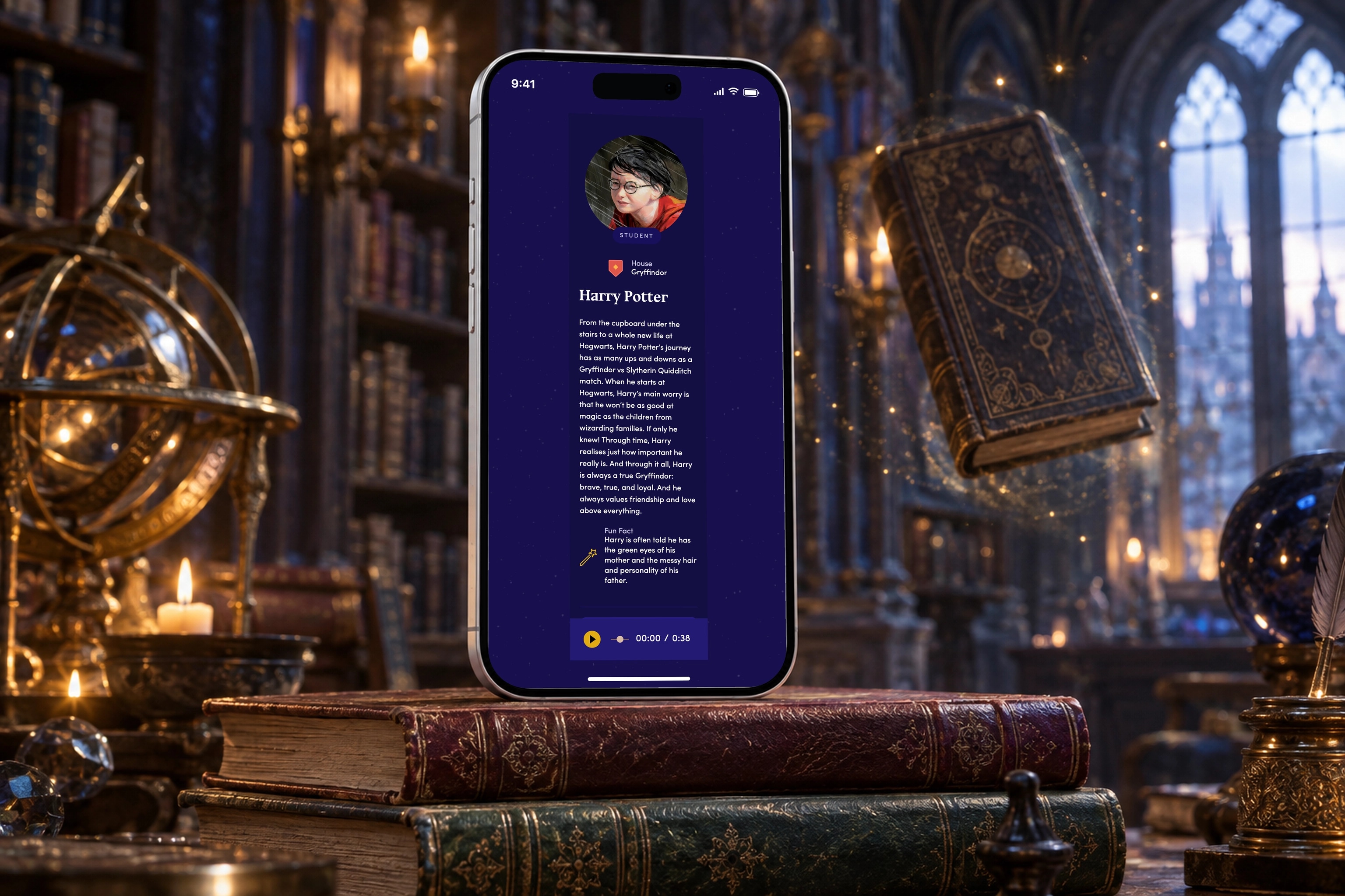 The real Starting Harry Potter harry guide interface on a iPhone in a scene created for the case study.