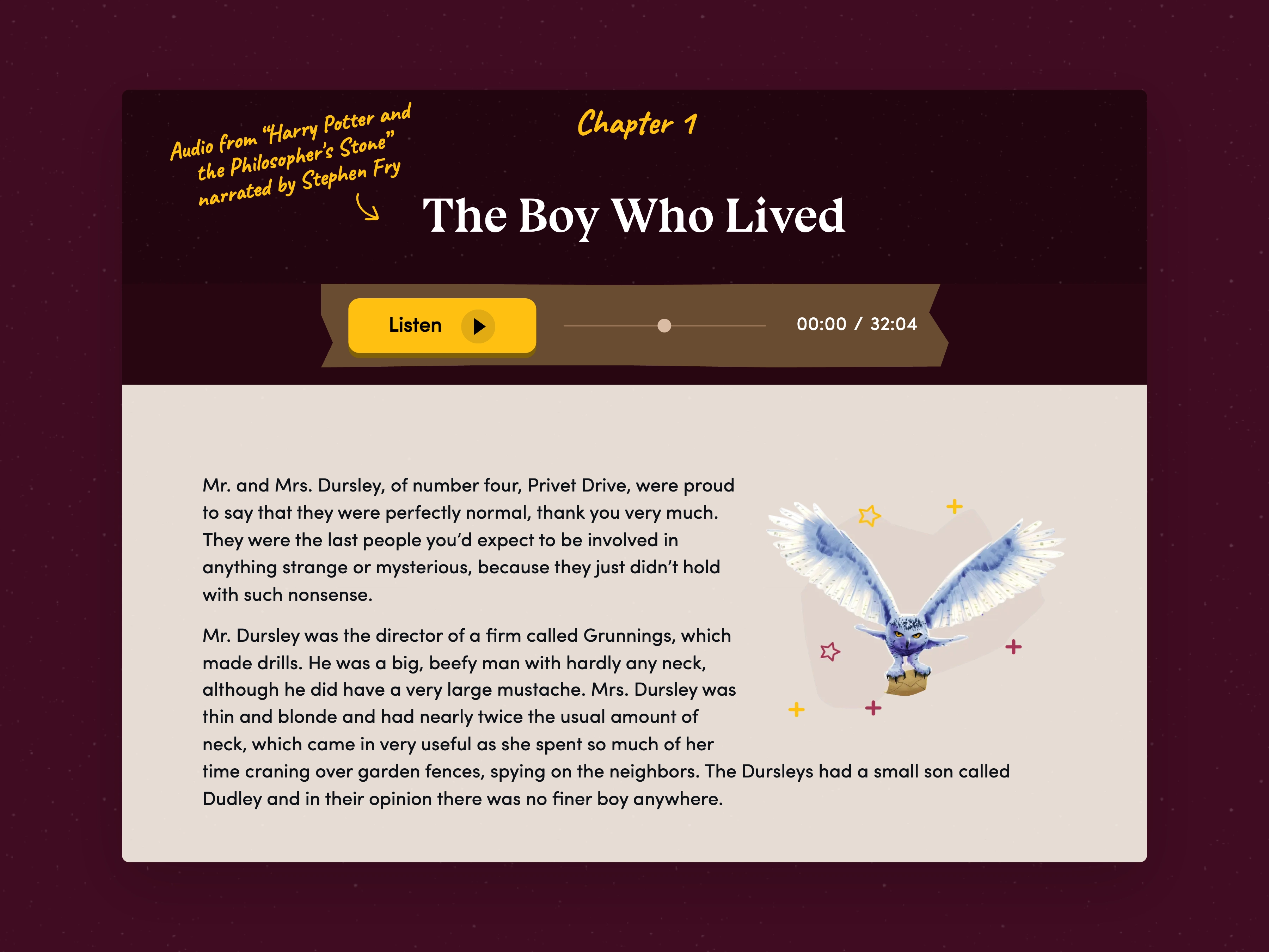 The first chapter and read-along player, captured from Starting Harry Potter and centered on a background matched to the brand.