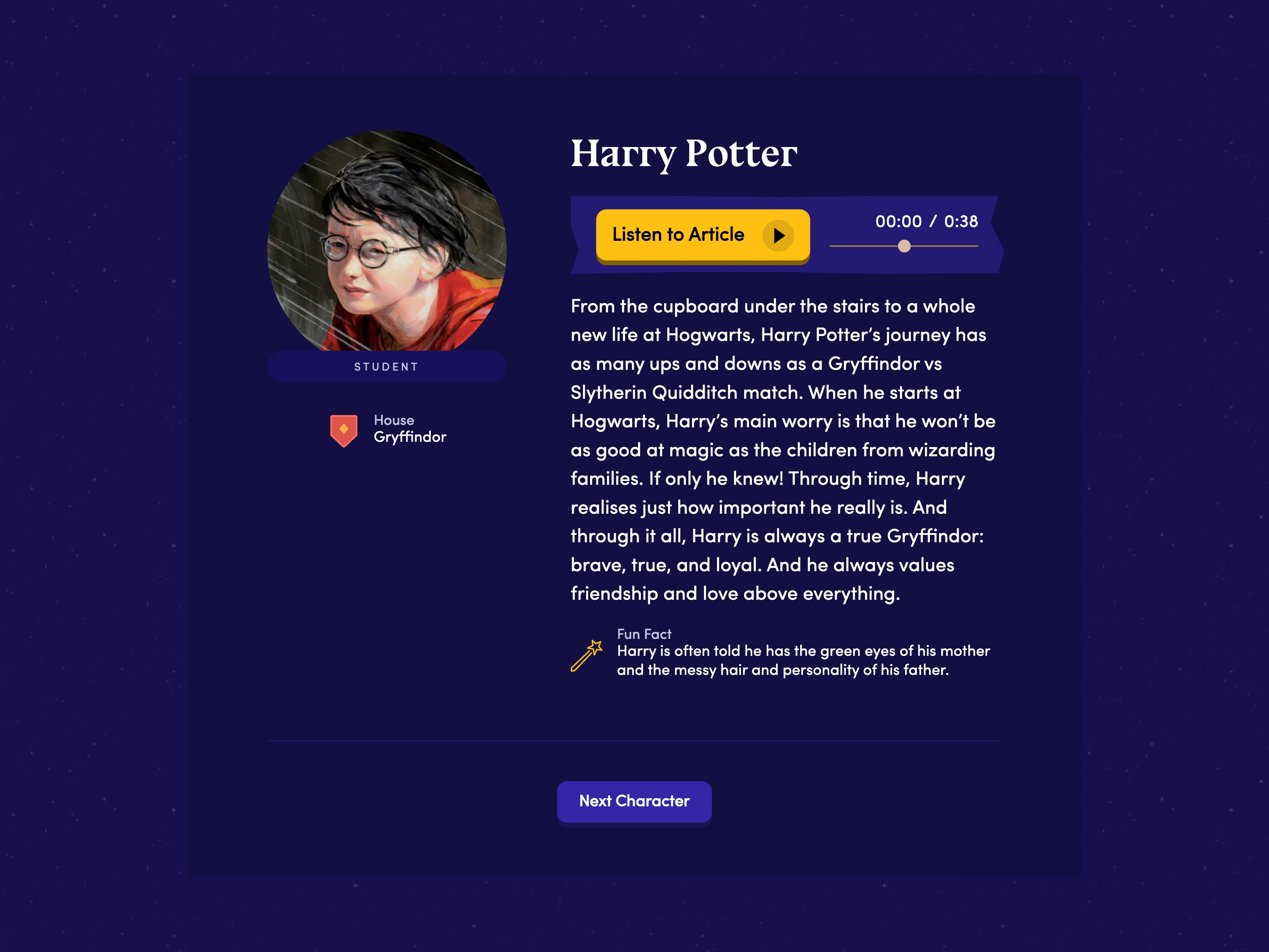 Harry Potter character guide and audio, captured from Starting Harry Potter and centered on a background matched to the brand.