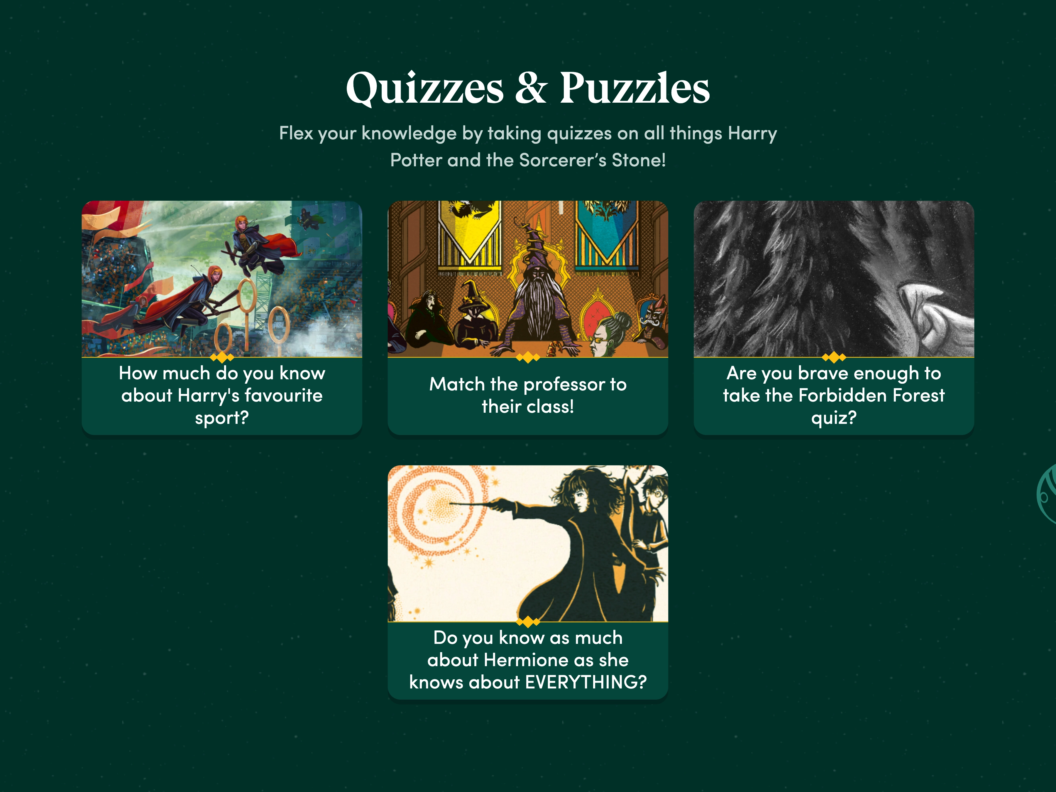 Discover Harry Potter quizzes and puzzles, captured from Starting Harry Potter and centered on a background matched to the brand.
