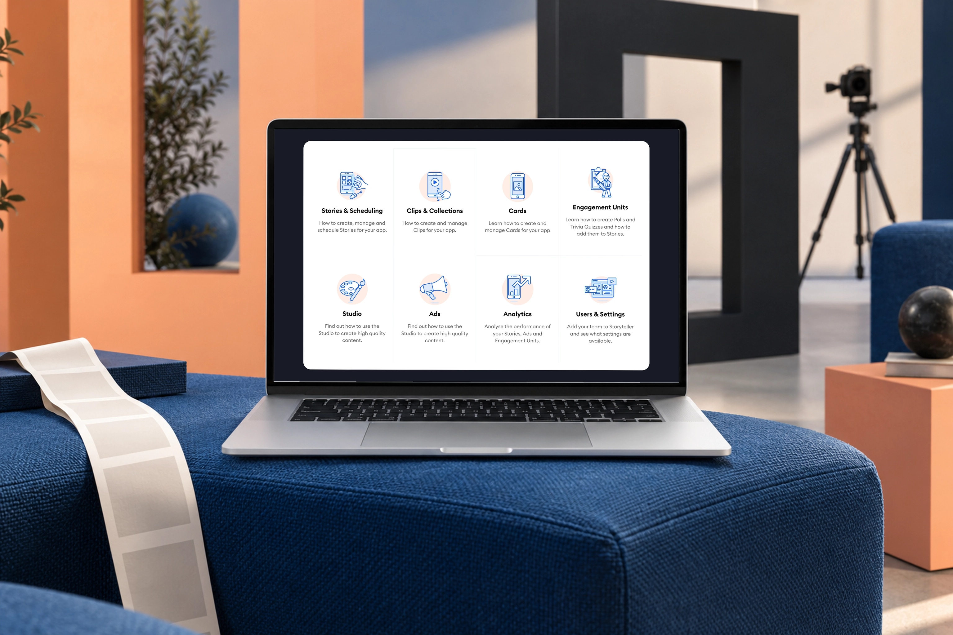 The real Storyteller guide collection interface on a MacBook in a scene created for the case study.