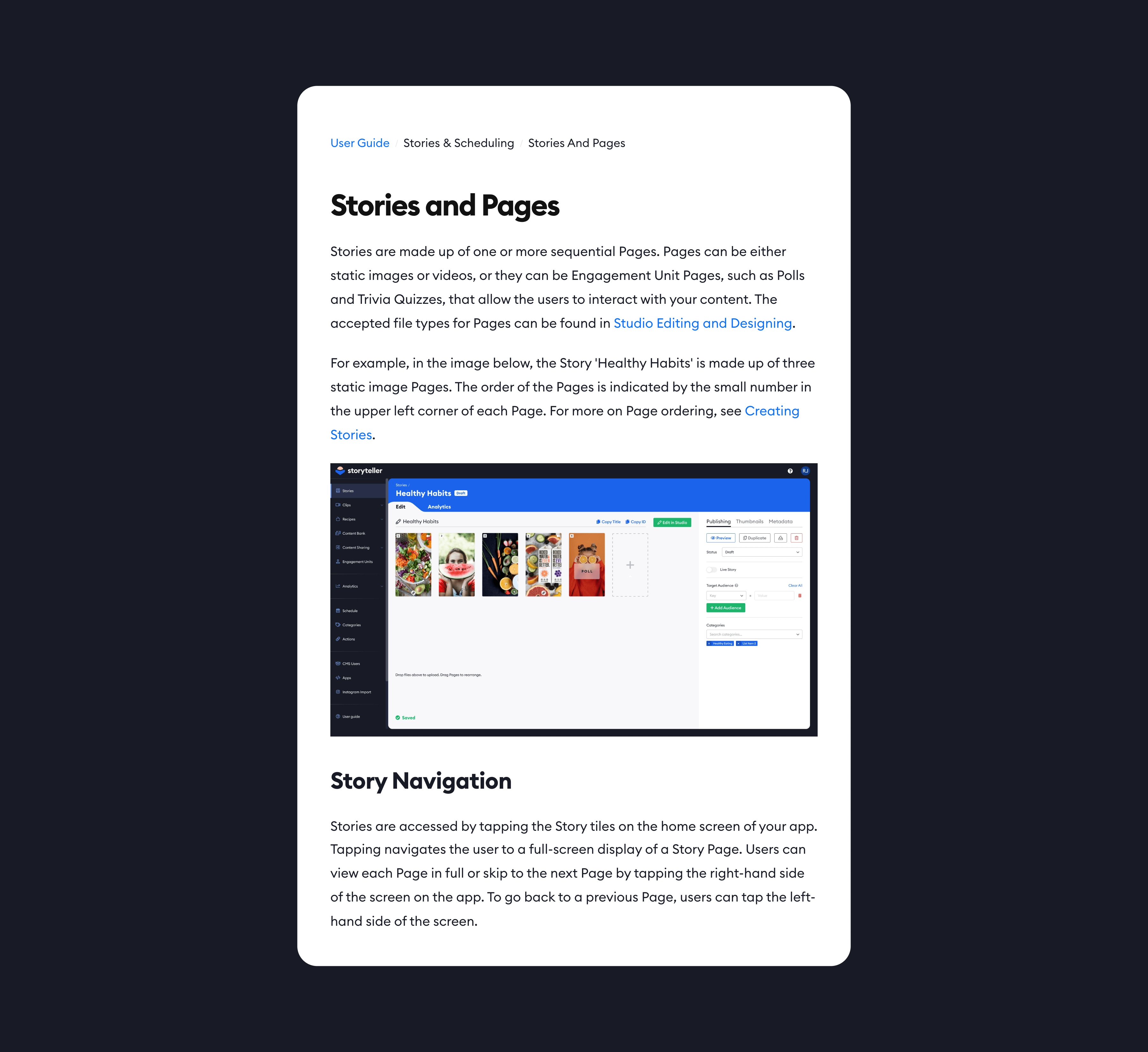 A Stories and Pages documentation article, captured from Storyteller and centered on a background matched to the brand.