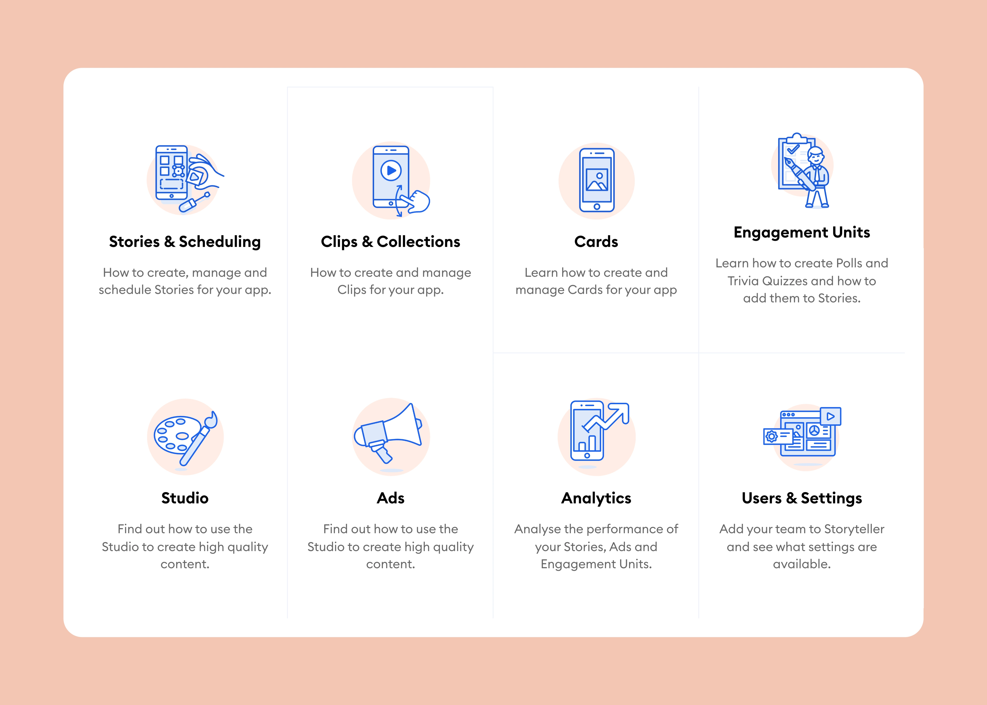 Guides for Stories, Clips and content tools, captured from Storyteller and centered on a background matched to the brand.