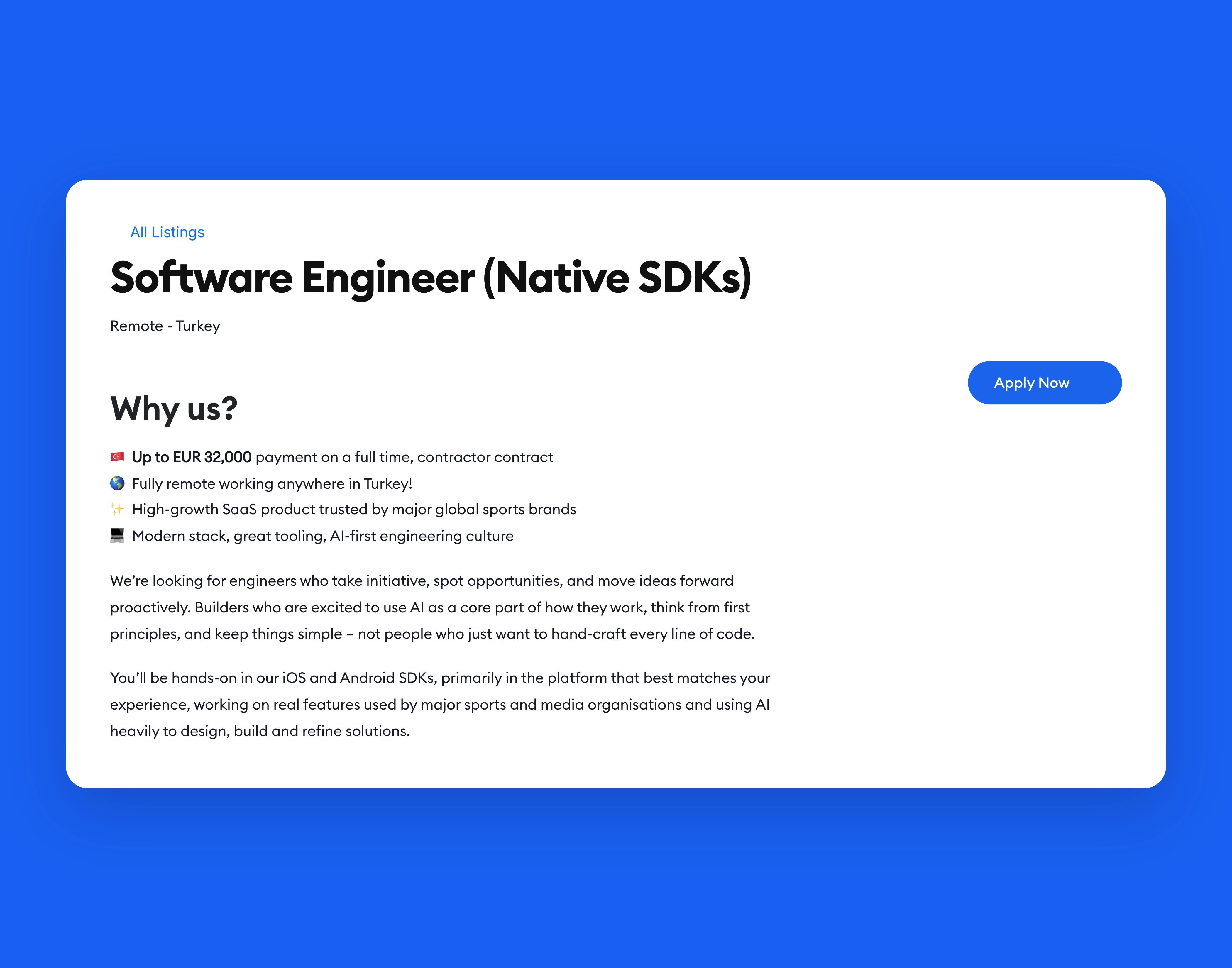 A vacancy page from the hiring CMS, captured from Storyteller and centered on a background matched to the brand.