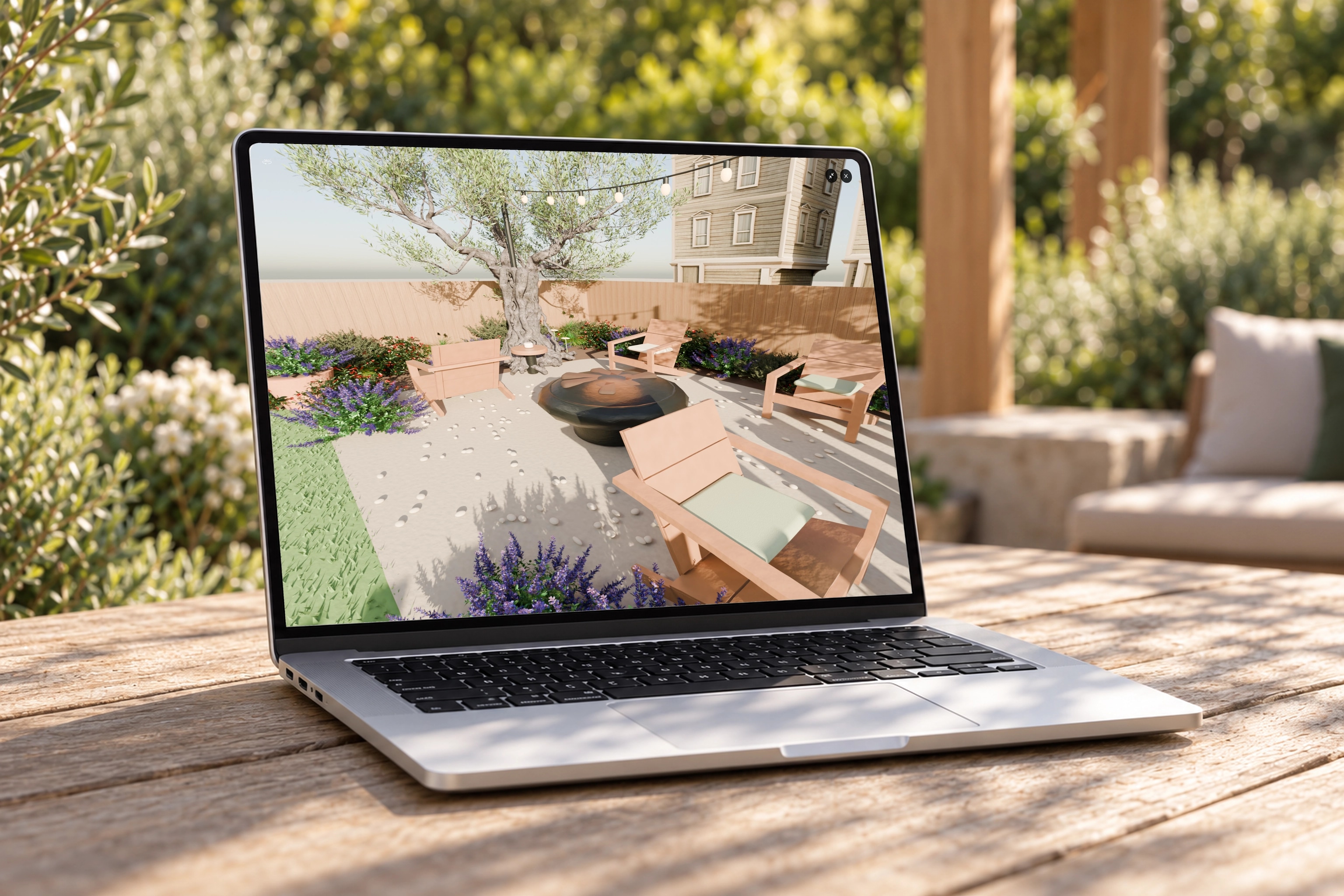 Eden Studio design review on a silver MacBook in a sunlit garden workspace.