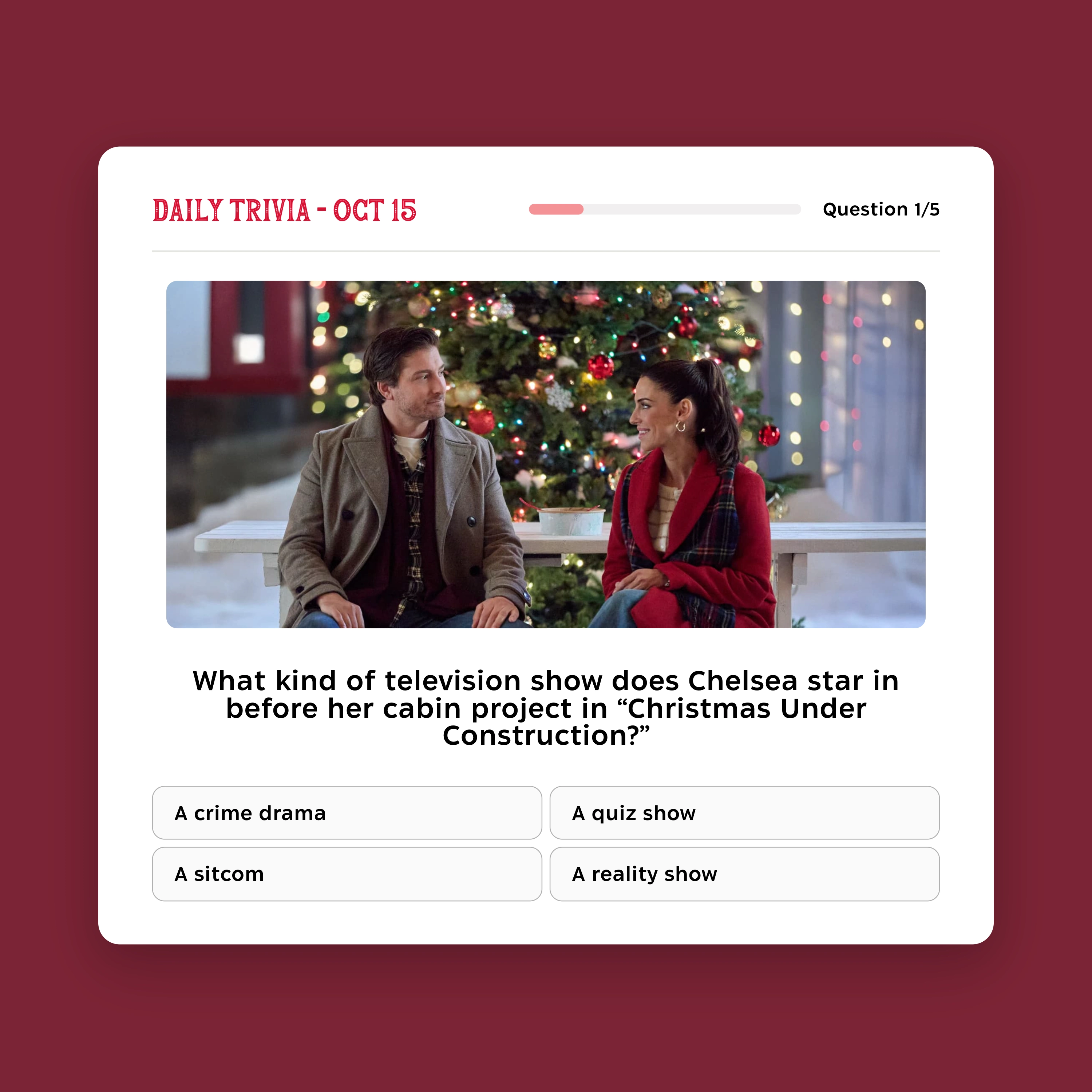A daily movie trivia question, captured from Hallmark Movie Game and centered on a background matched to the brand.