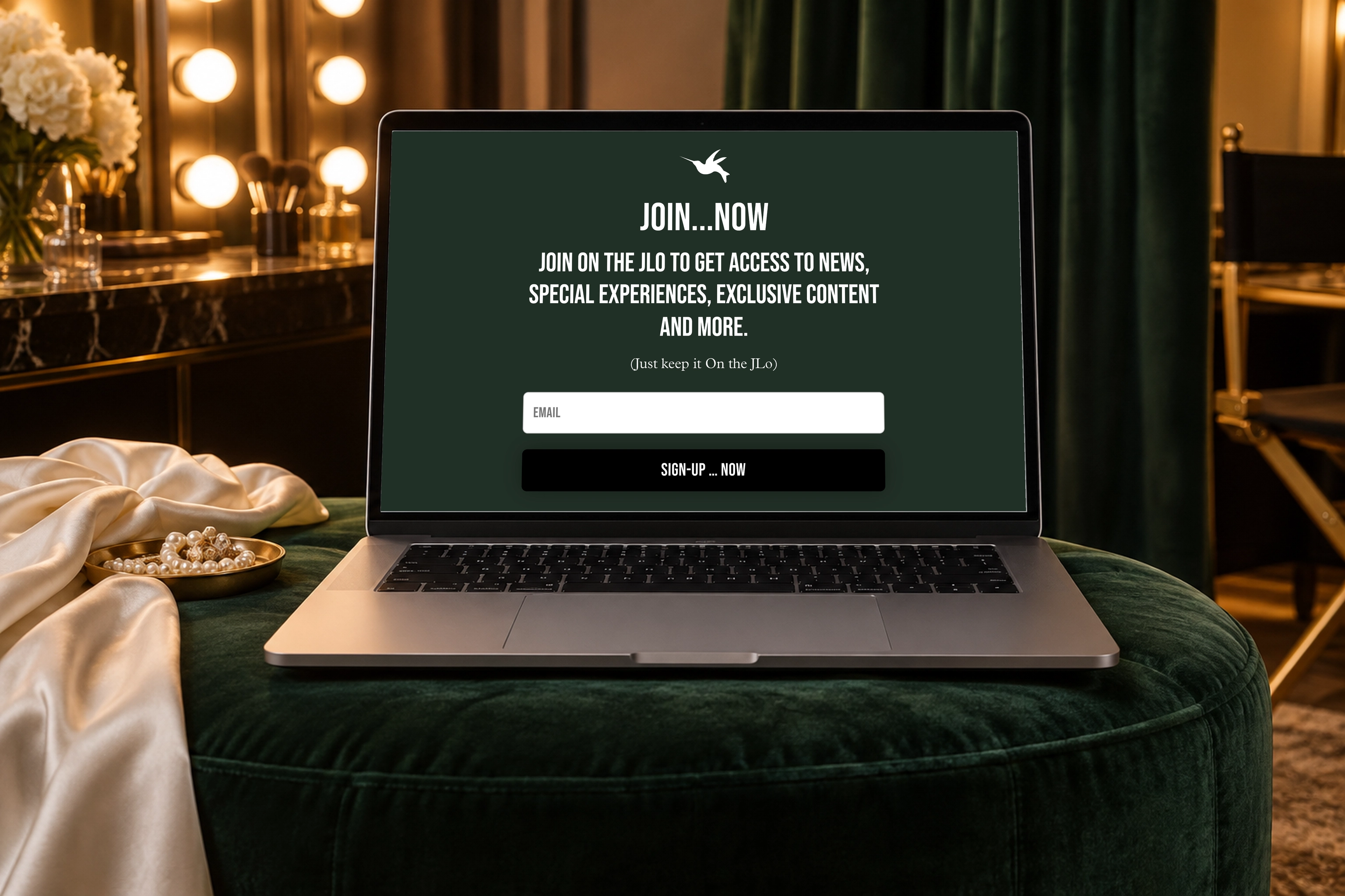 The real On The JLo fan signup interface on a MacBook in a scene created for the case study.