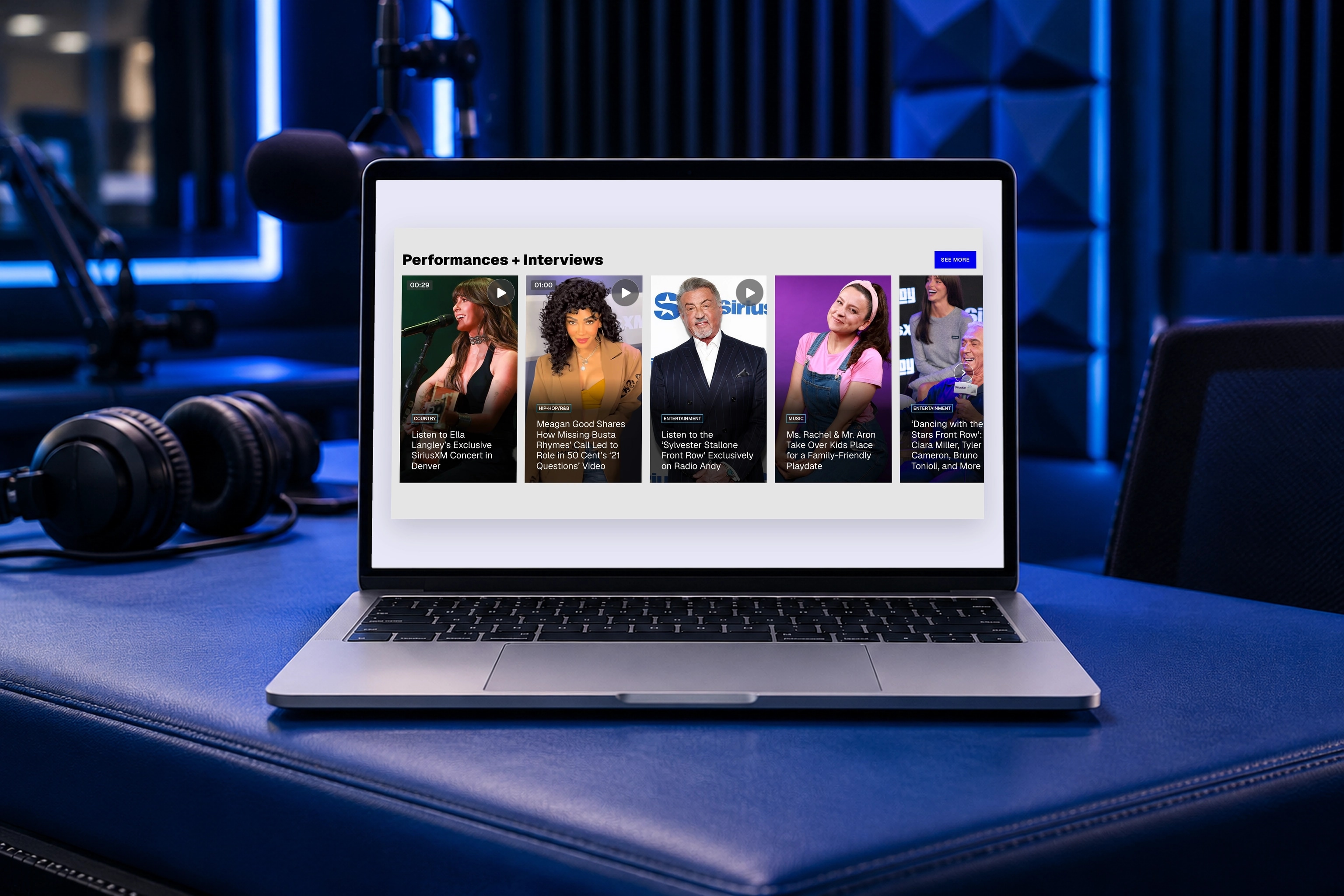 The real SiriusXM Blog performance videos interface on a MacBook in a scene created for the case study.