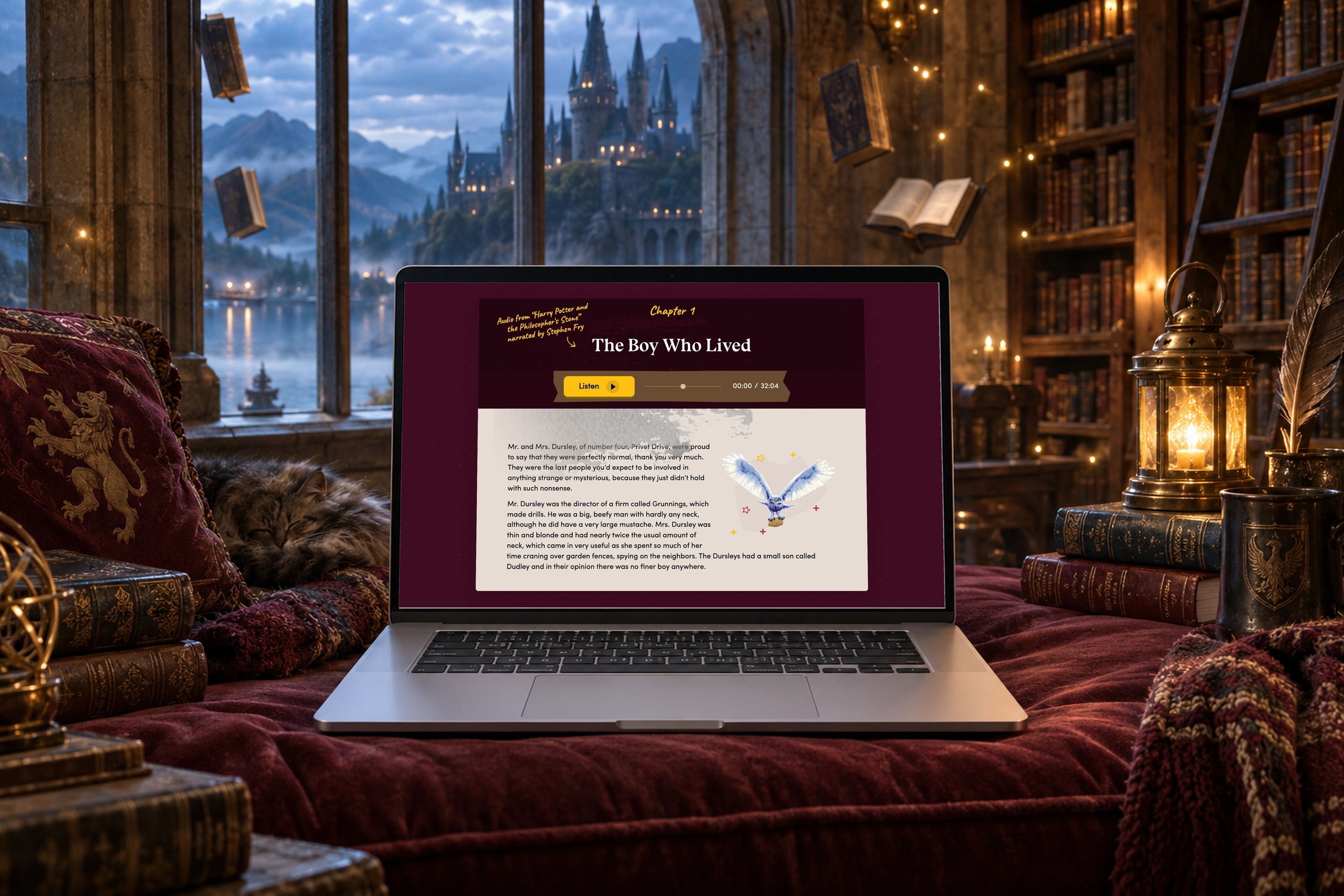 The real Starting Harry Potter chapter reader interface on a MacBook in a scene created for the case study.